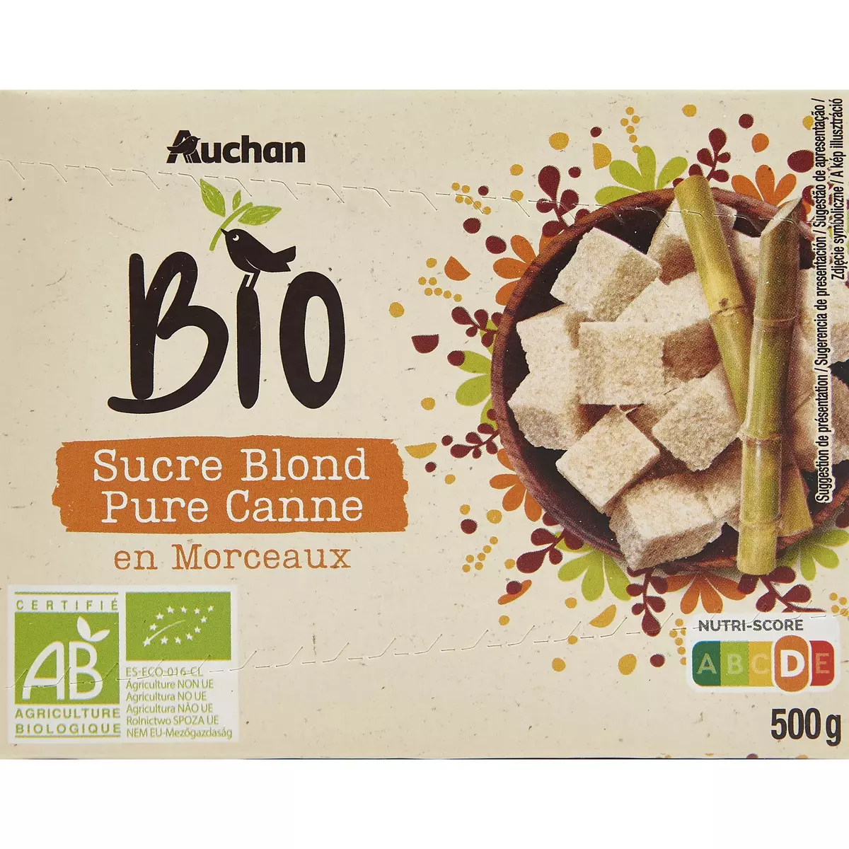 AUCHAN BIO Sucre blond pure canne en morceaux 500g