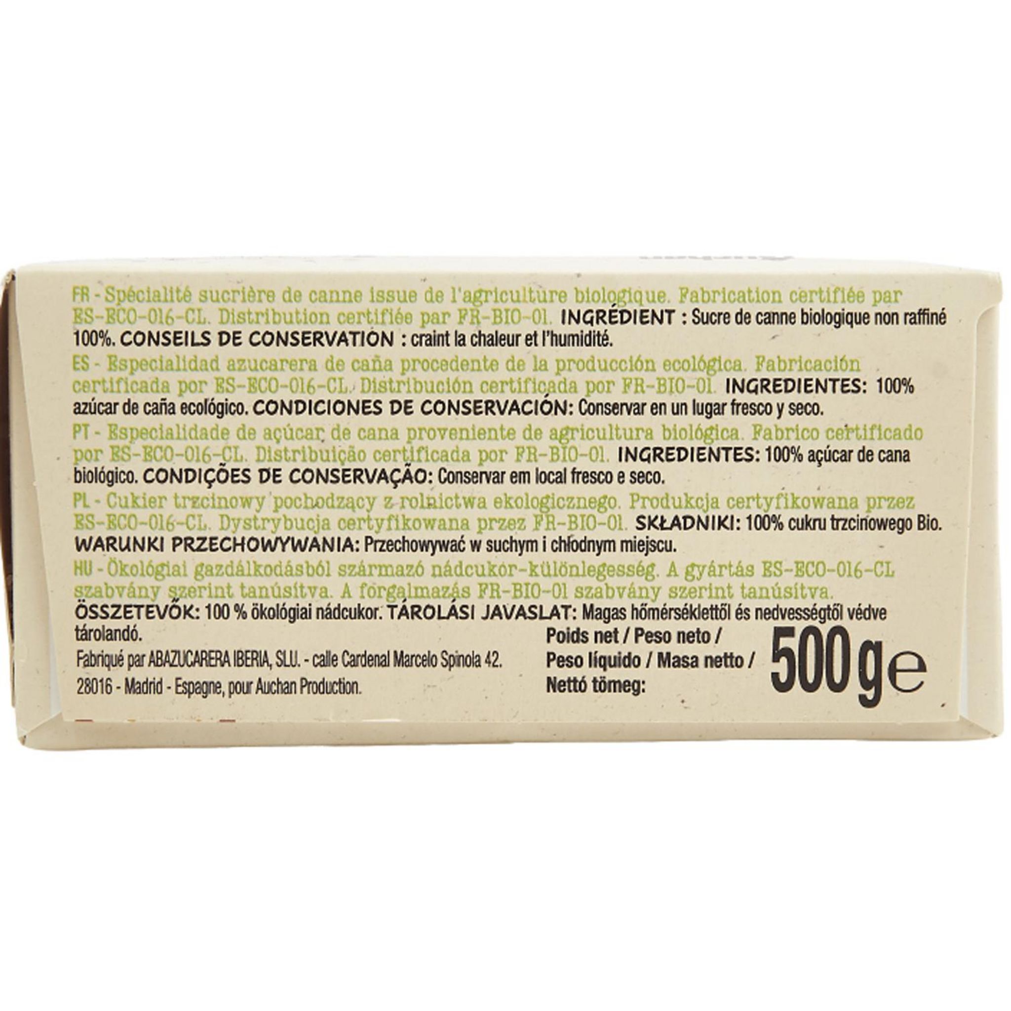 Voir la diapositive 2 : AUCHAN BIO Sucre blond pure canne en morceaux 500g