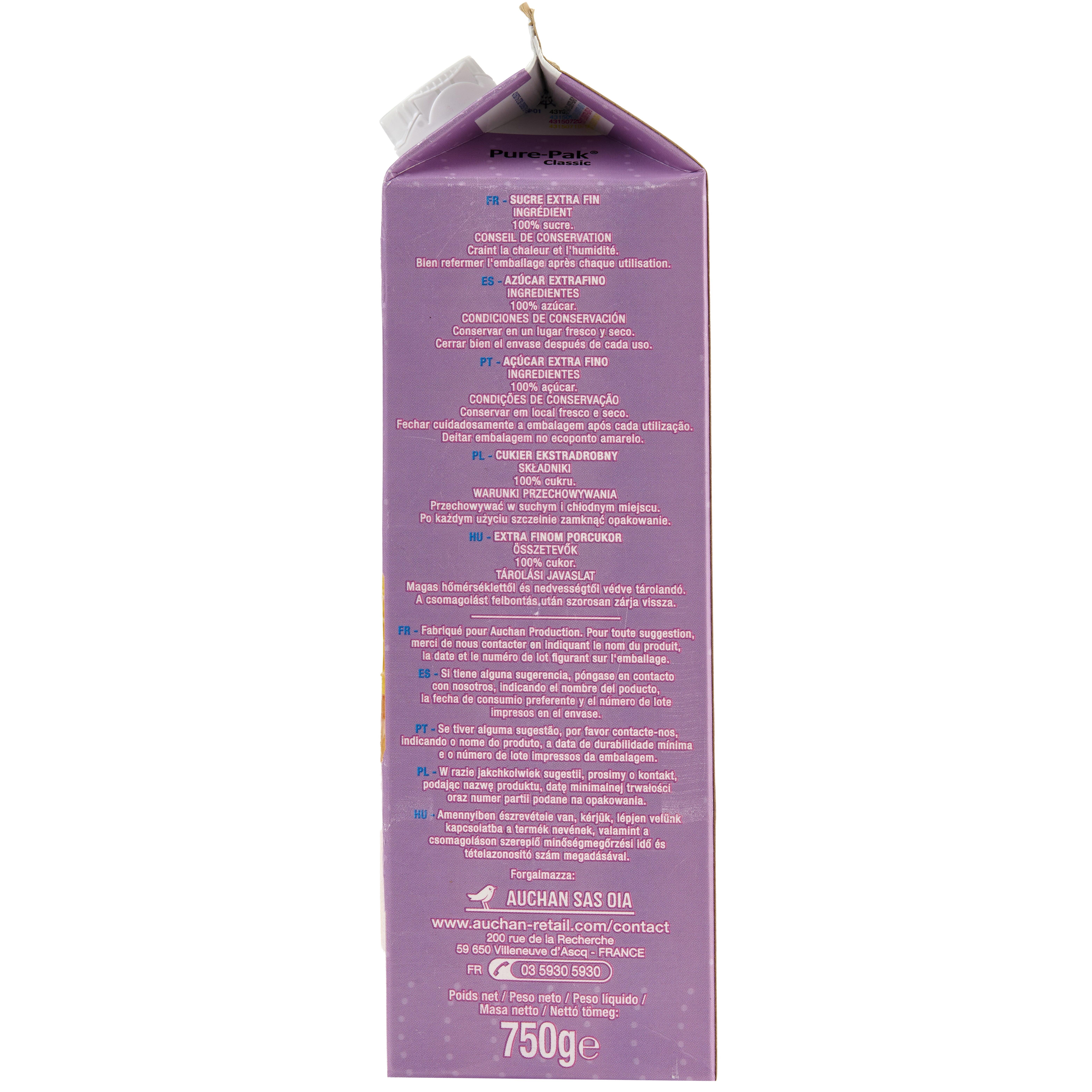 Voir la diapositive 2 : AUCHAN Sucre en poudre extra fin 750g