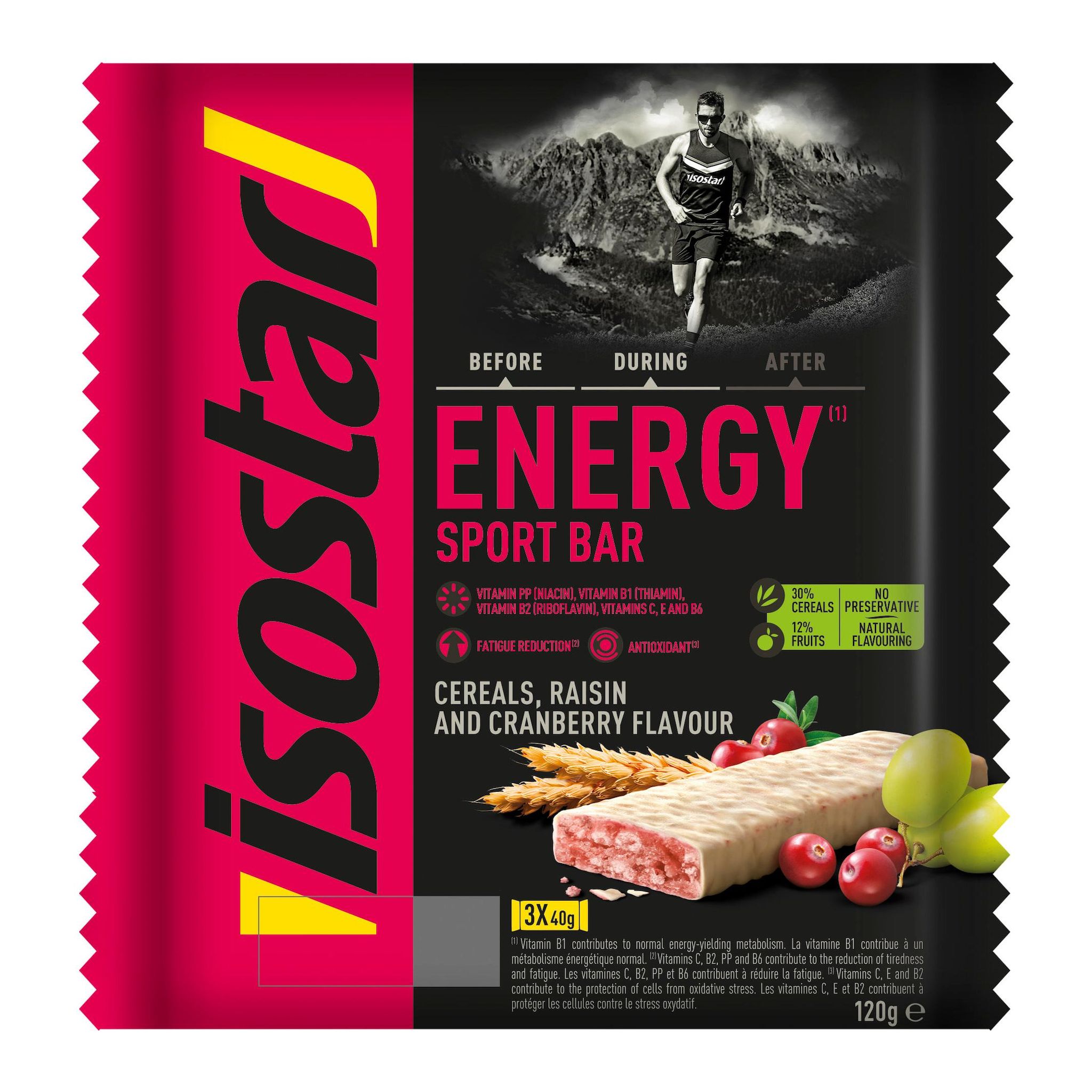 ISOSTAR Barres energie aux céréales raisins et cranberries 3 barres 3x40g