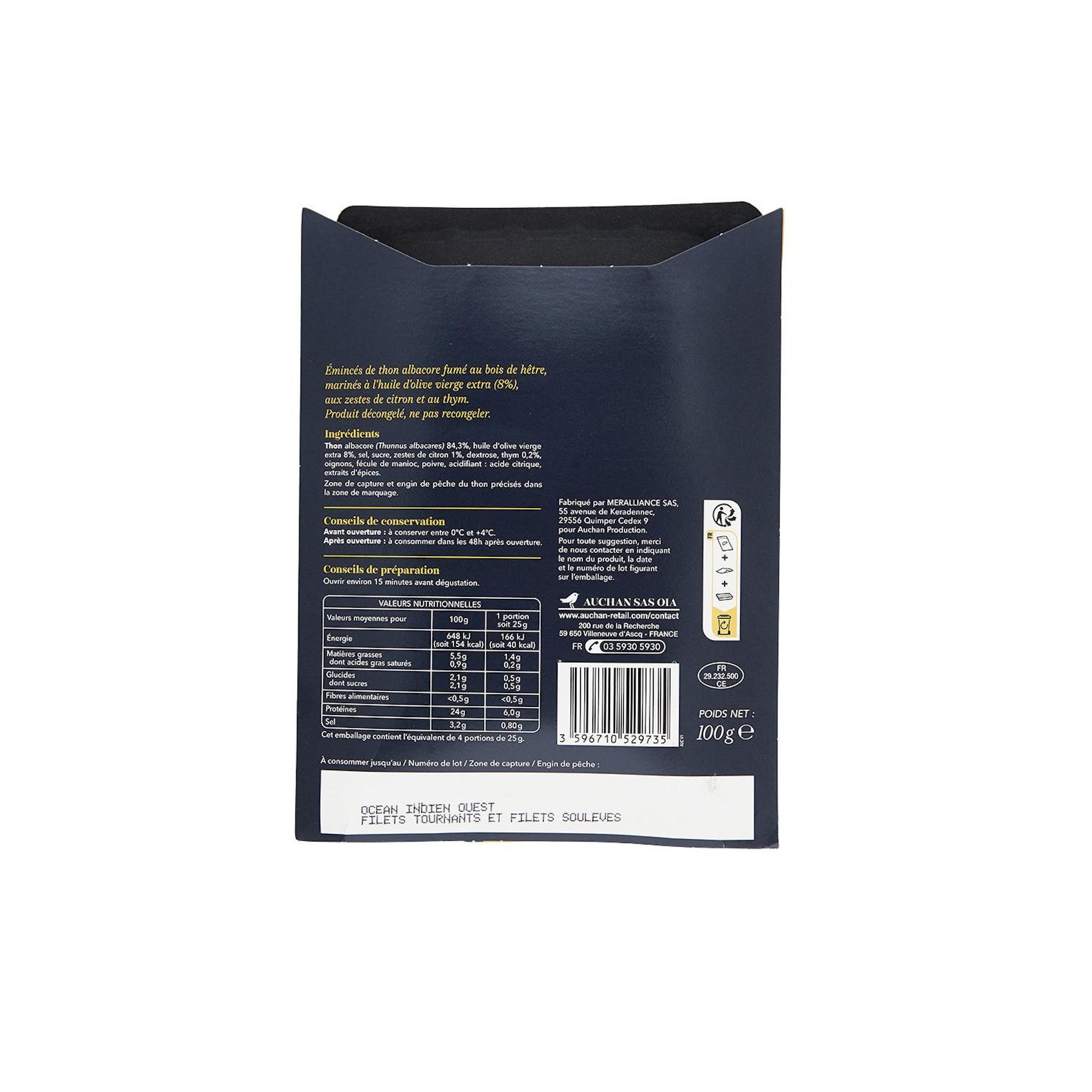 Voir la diapositive 2 : AUCHAN COLLECTION Emincés de thon fumé aux zestes de citron et au thym 5/8 pièces 100g