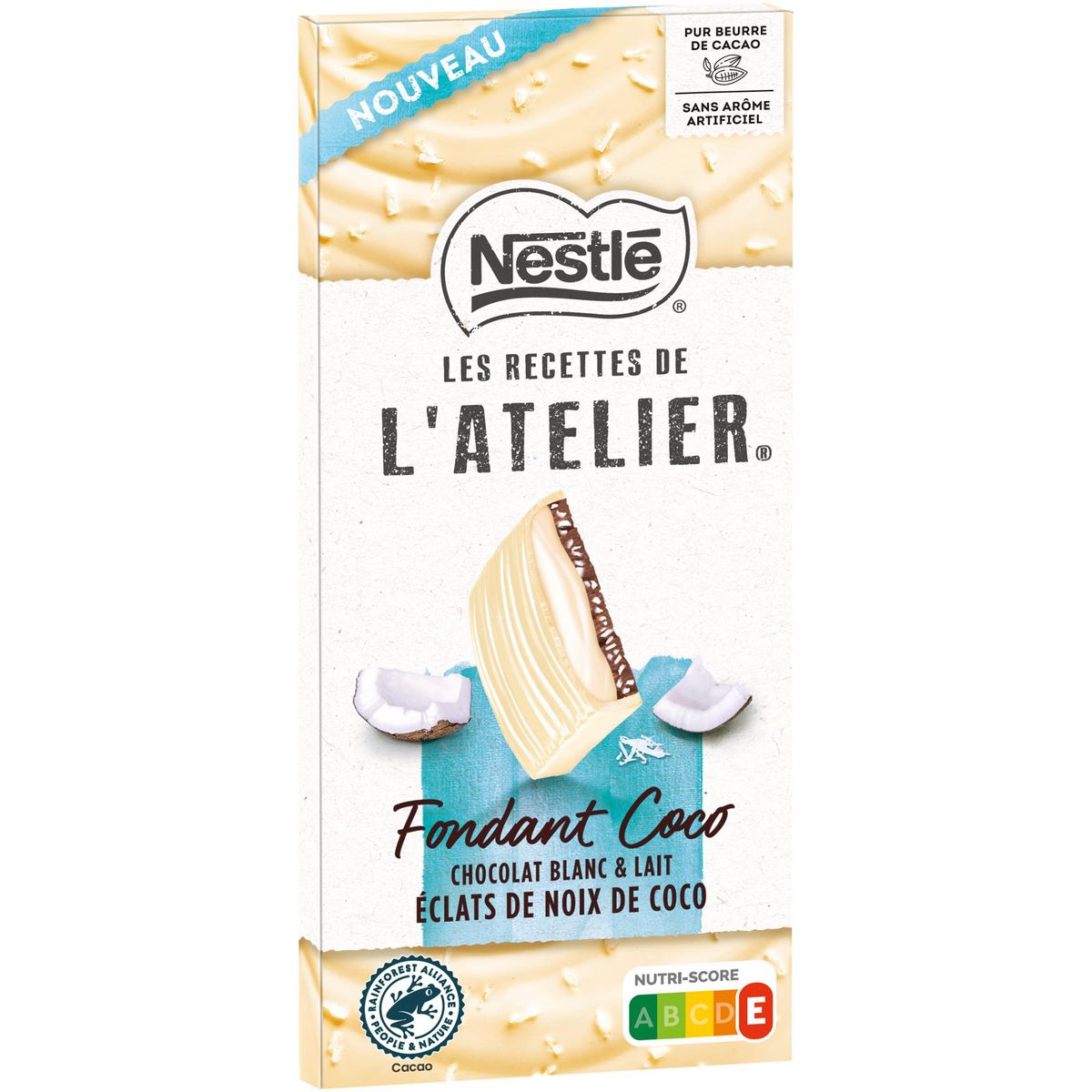 NESTLE Les Recettes de l'Atelier Tablette de chocolat blanc fondant coco fourrée aux éclats de noix de coco 1 pièce 130g