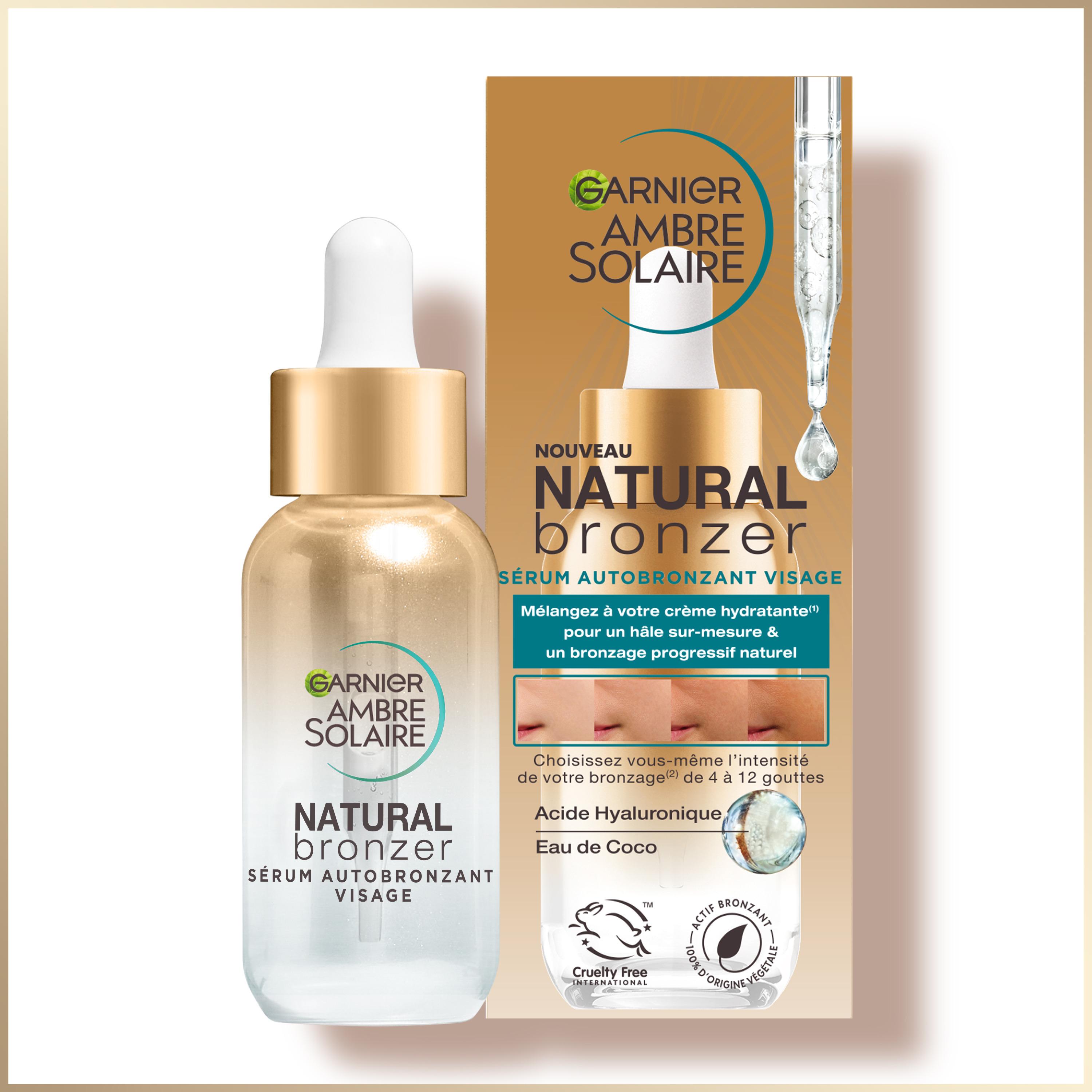 Voir la diapositive 2 : GARNIER Ambre Solaire Natural Bronzer Sérum autobronzant visage à l'acide hyaluronique et eau de coco 30ml