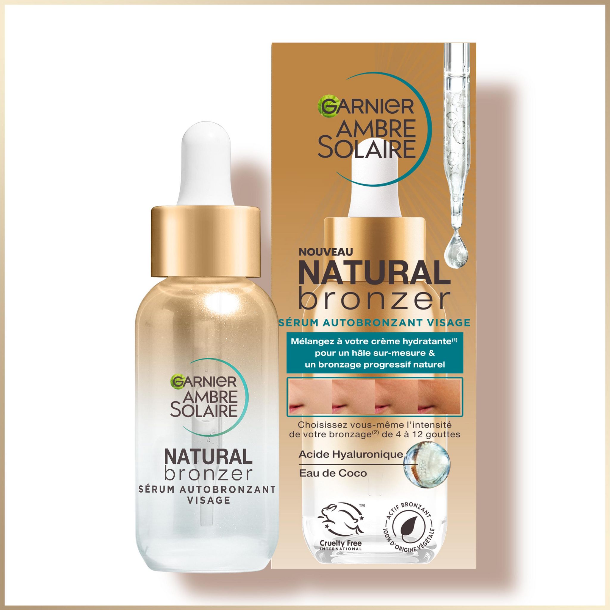 Voir la diapositive 2 : GARNIER Ambre Solaire Natural Bronzer Sérum autobronzant visage à l'acide hyaluronique et eau de coco 30ml