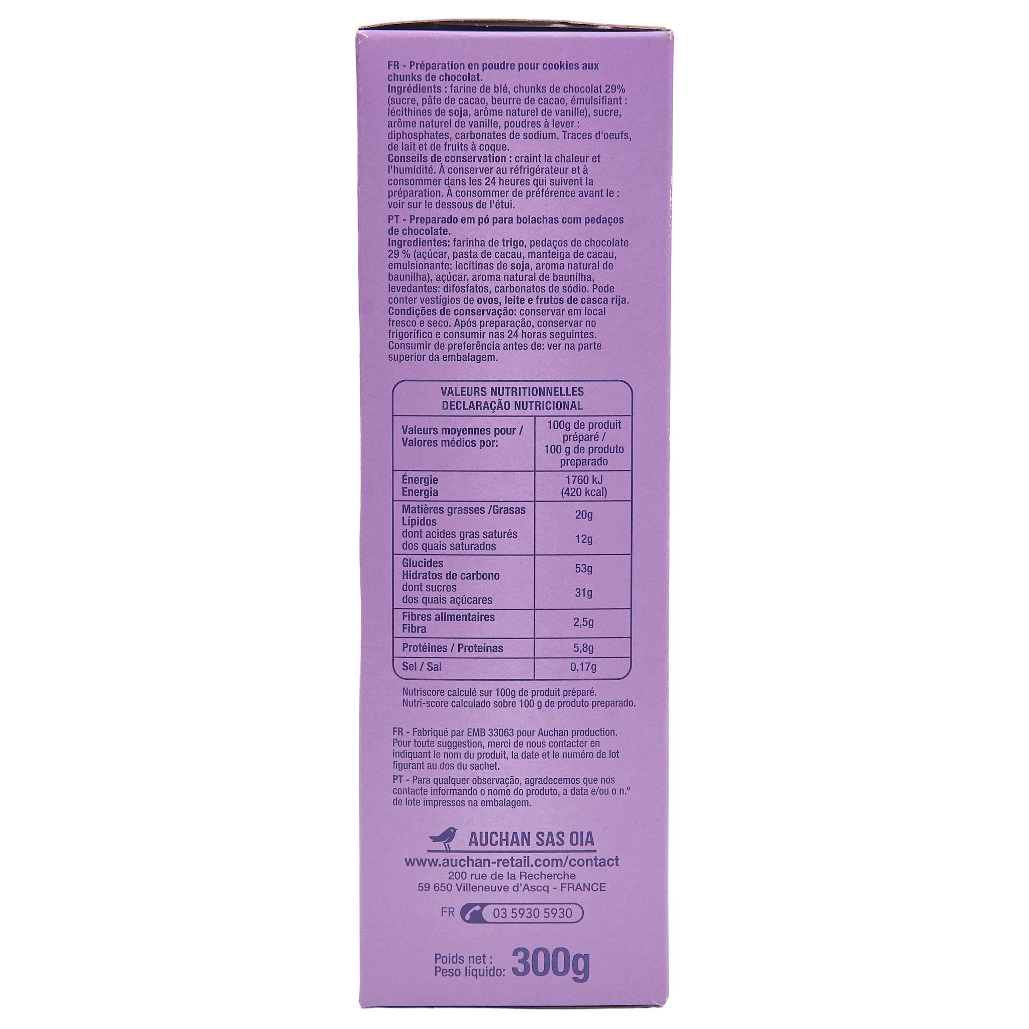 Voir la diapositive 2 : AUCHAN Préparation pour cookies Les pâtissiers 300g