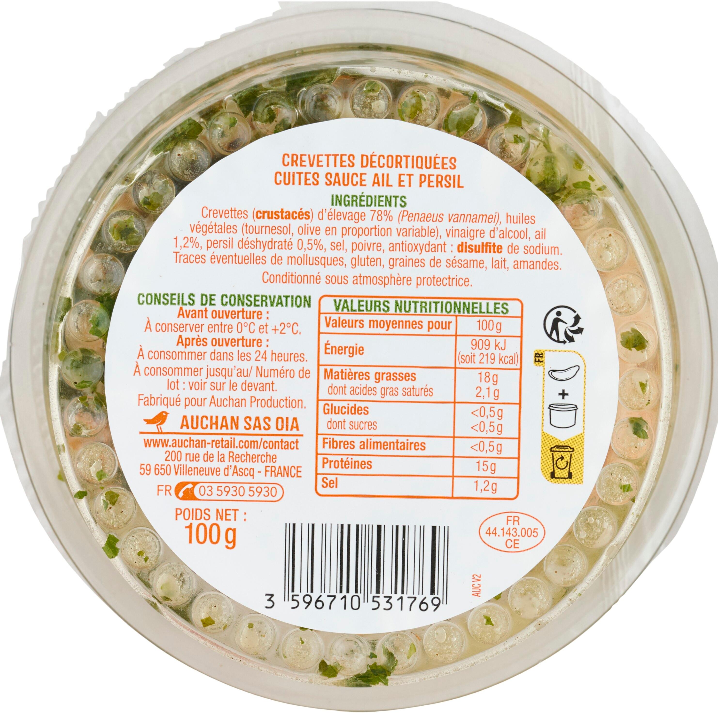 Voir la diapositive 2 : AUCHAN Crevettes ail et persil spécial tapas 100g
