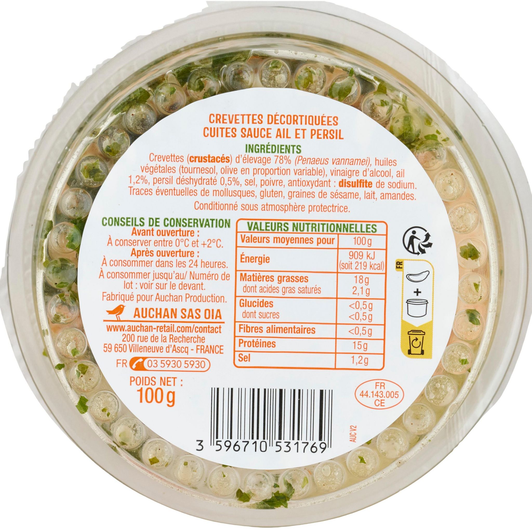 Voir la diapositive 3 : AUCHAN Crevettes ail et persil spécial tapas 100g