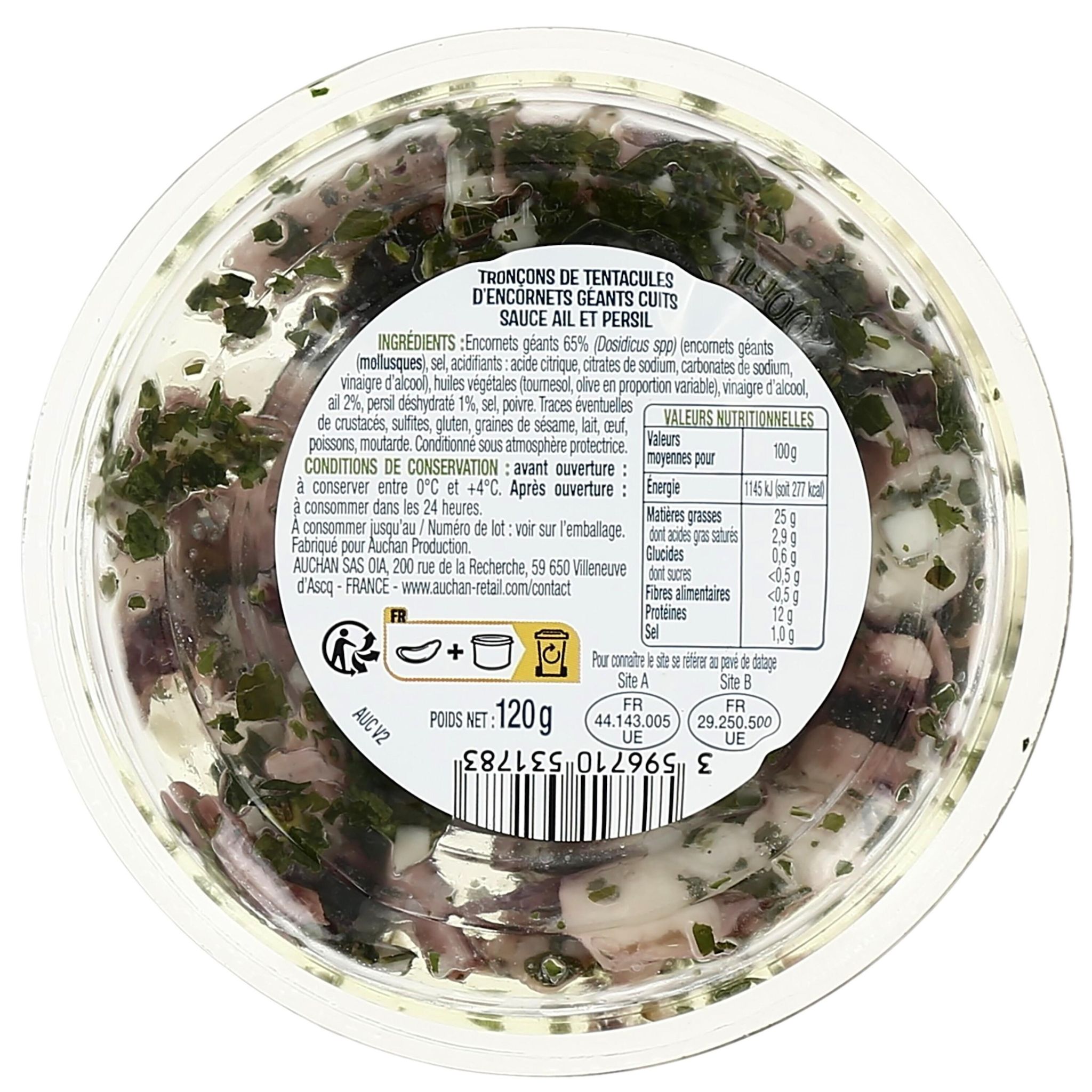 Voir la diapositive 2 : AUCHAN Encornet géants ail et persil spécial tapas 120g