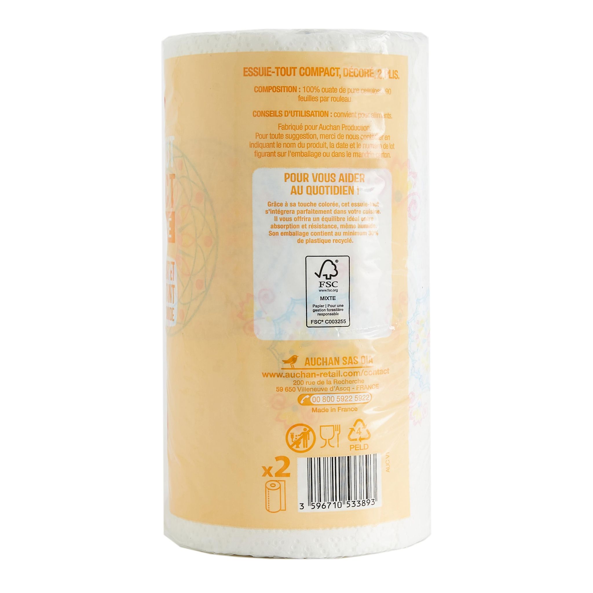 Voir la diapositive 2 : AUCHAN Essuie-tout compact décoré = 4 standards 2 rouleaux