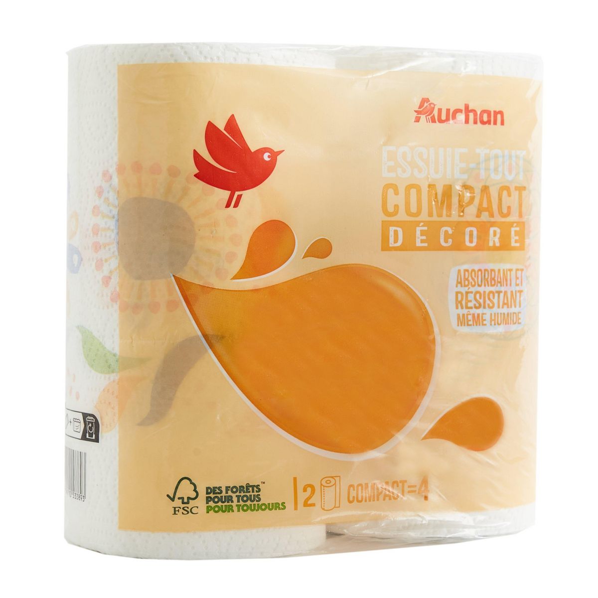 AUCHAN Essuie-tout compact décoré = 4 standards 2 rouleaux