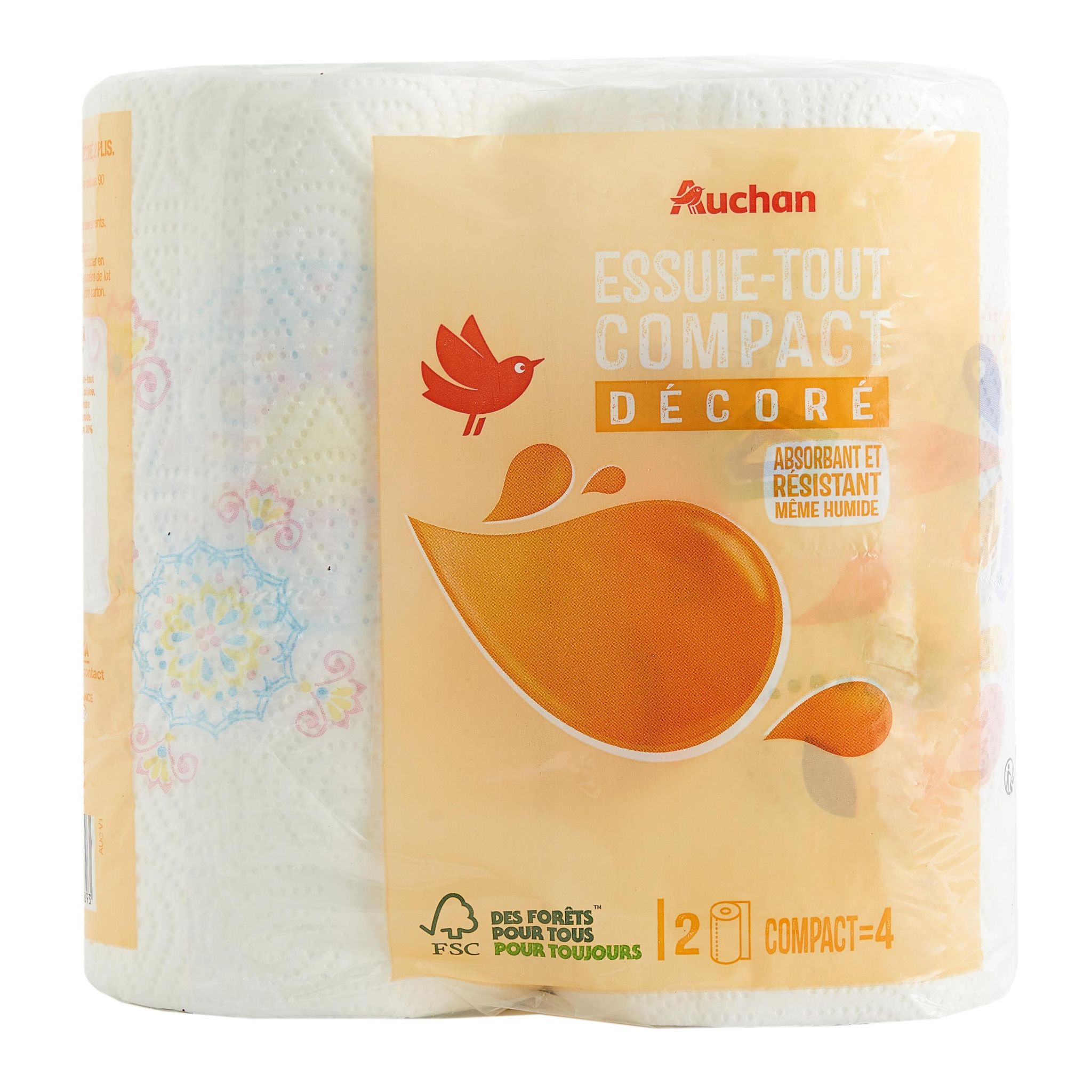 Voir la diapositive 4 : AUCHAN Essuie-tout compact décoré = 4 standards 2 rouleaux