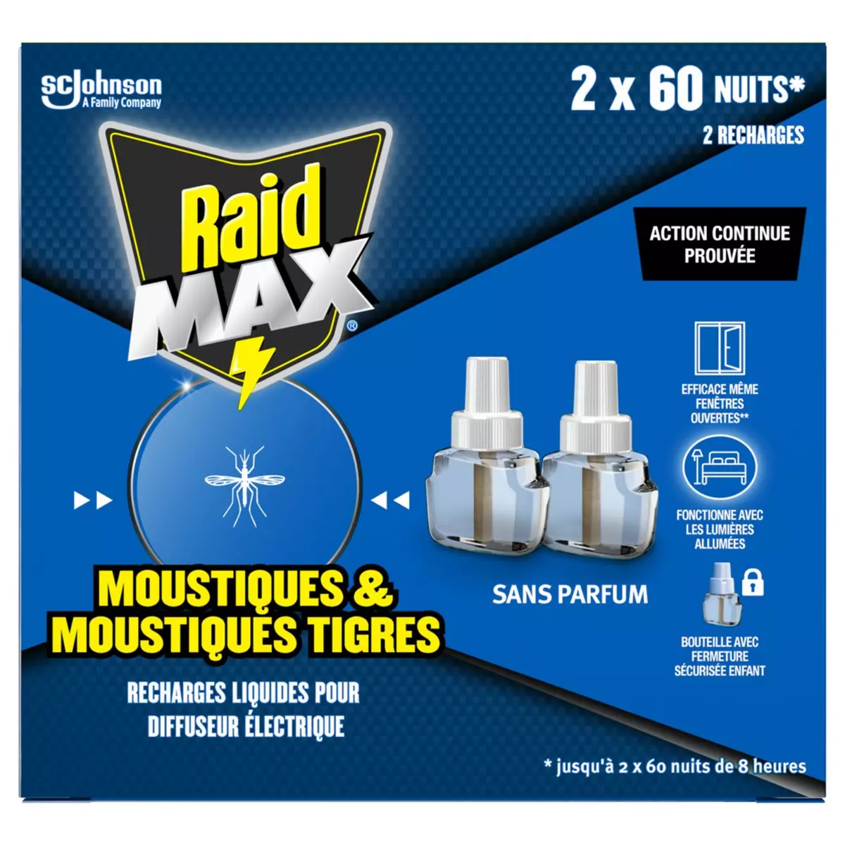 RAID Max Recharge liquide pour diffuseur électrique contre les moustiques et les moustiques tigres sans parfum 2x60 nuits 2 recharges
