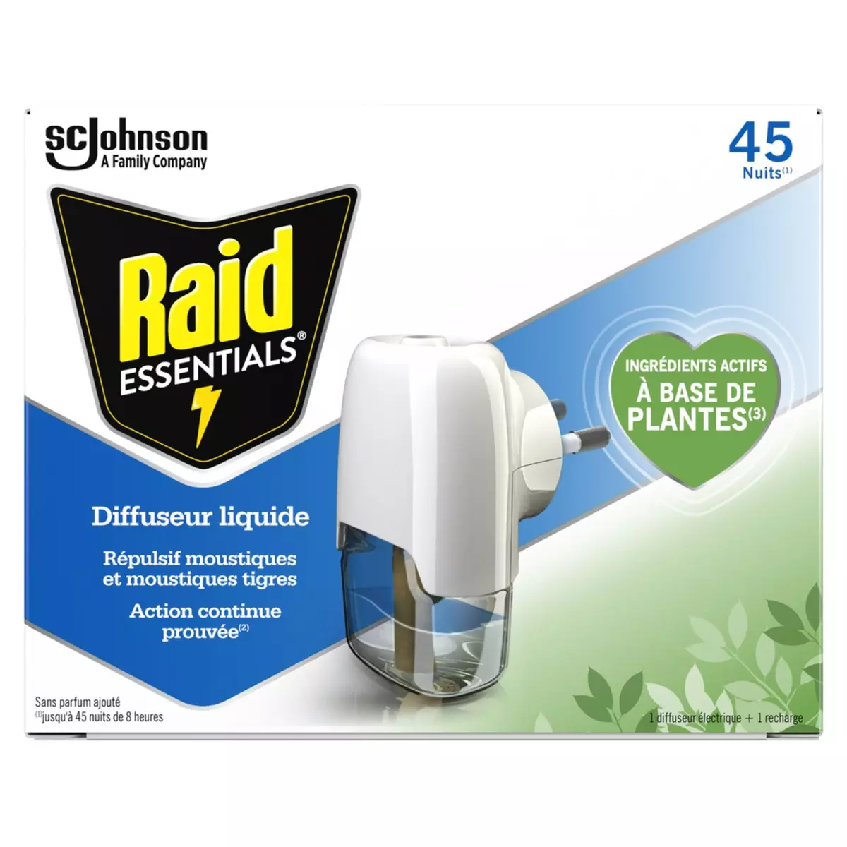 RAID Diffuseur liquide répulsif moustiques et moustiques tigres à base de plantes 1 diffuseur + 1 recharge
