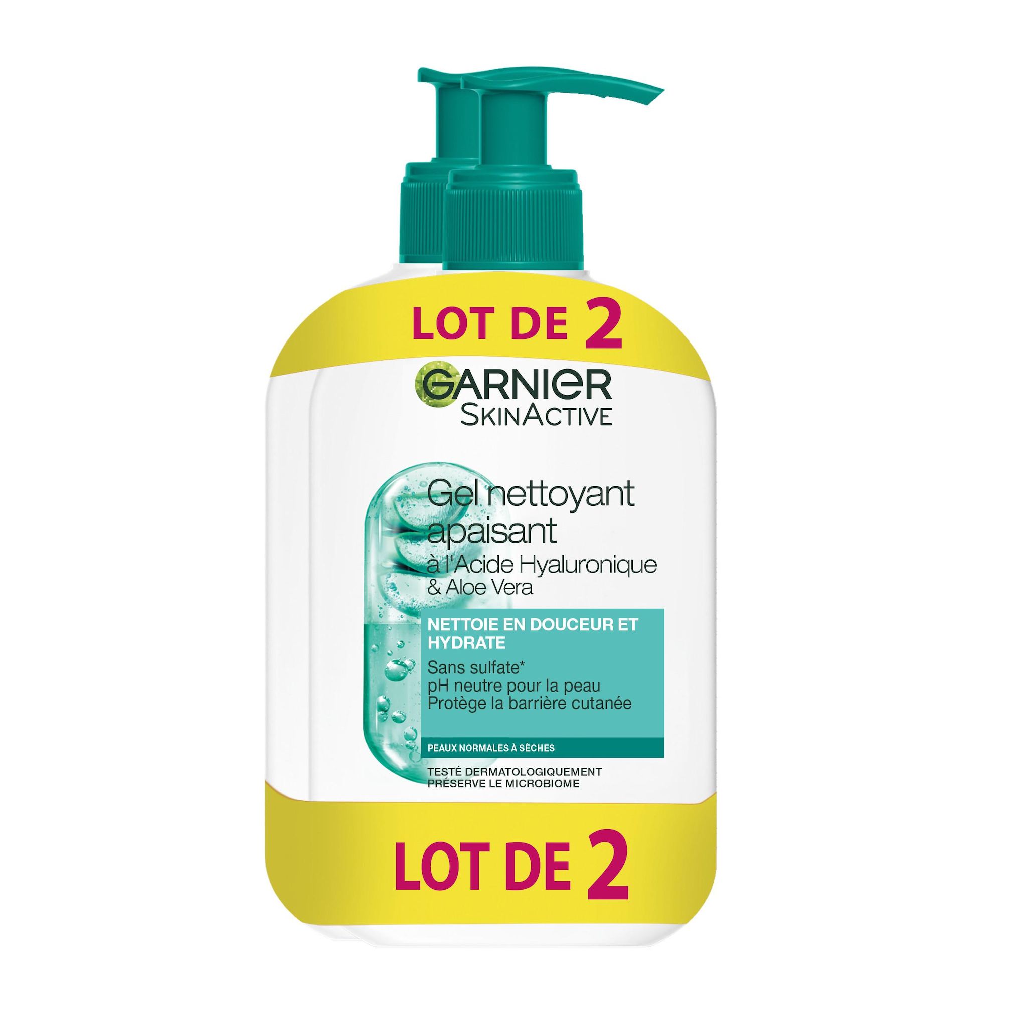 GARNIER SkinActive gel nettoyant apaisant à l'acide Hyaluronique & aloe vera pour peaux normales à sèches 2x250ml