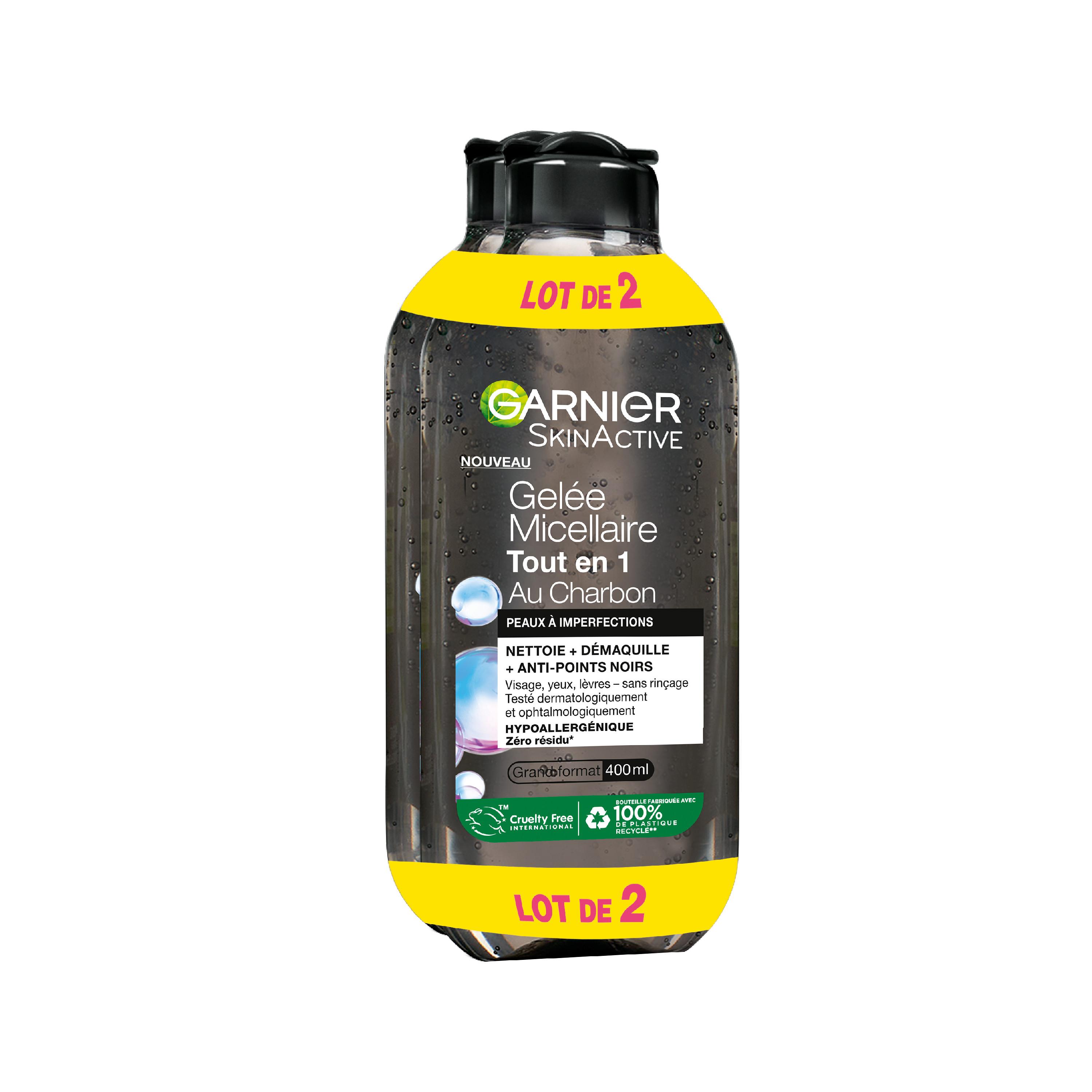 GARNIER SkinActive Gelée micellaire tout en 1 au charbon pour peaux à imperfections 2x400ml