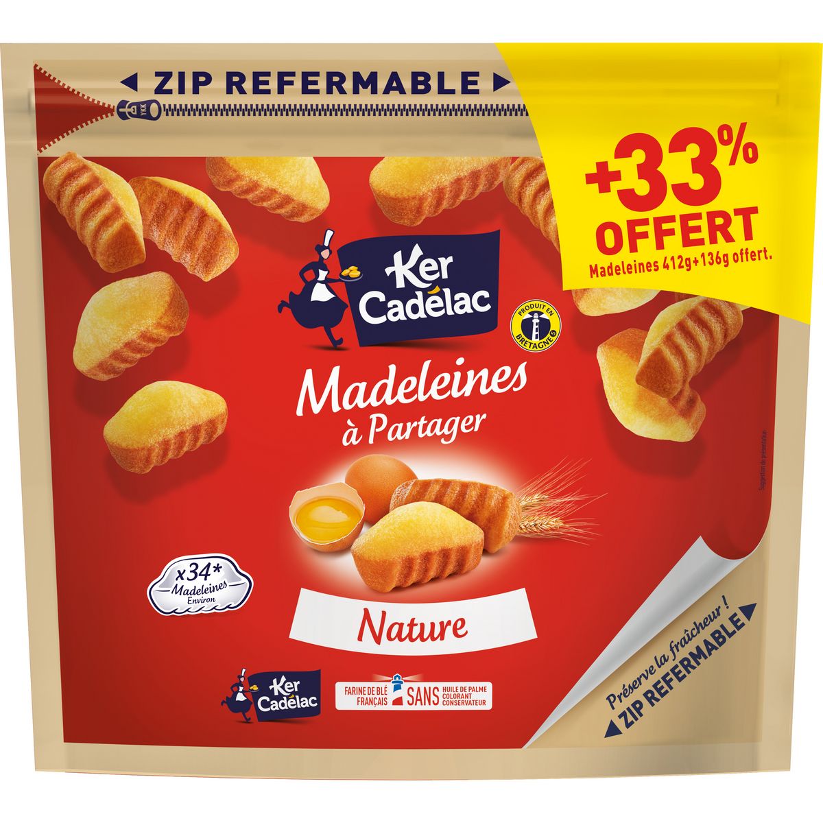 KER CADELAC Madeleines nature sachet refermable environ 34 madeleines 412g+136g offert