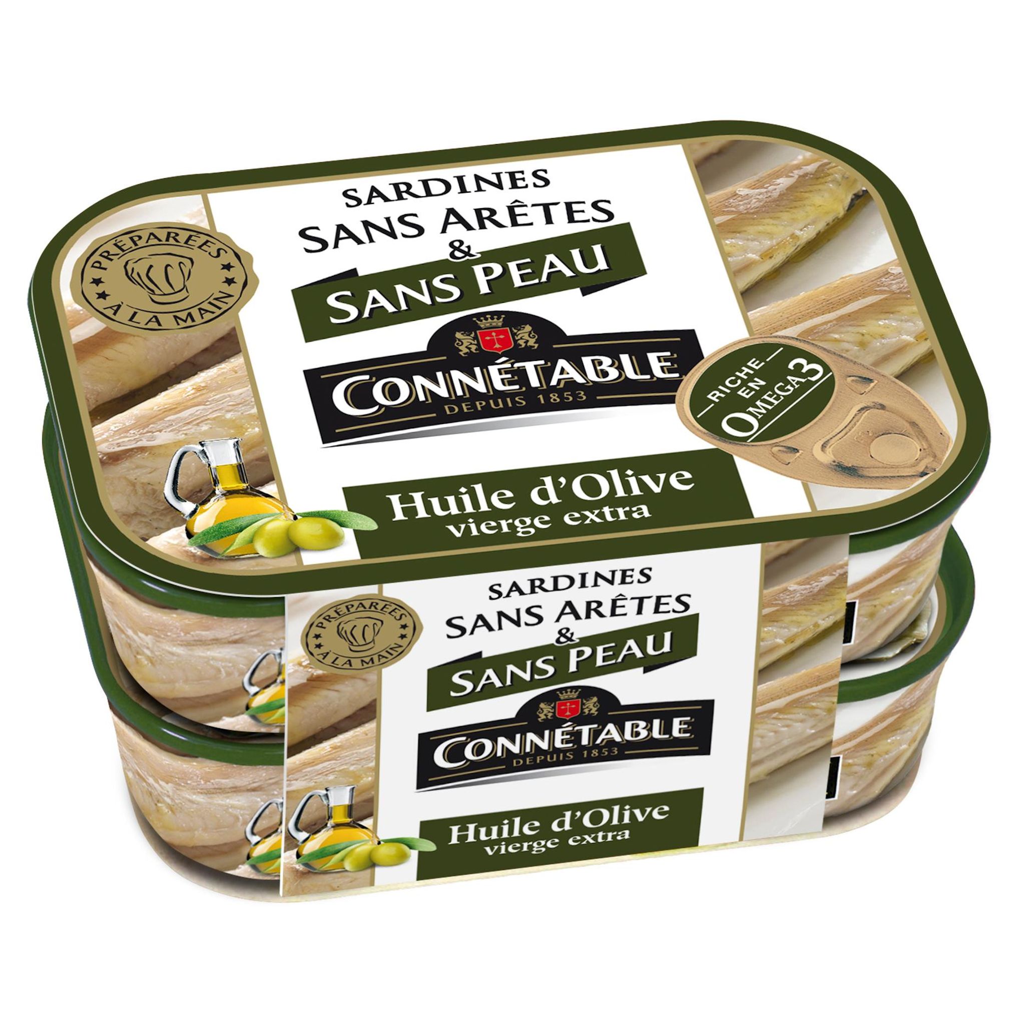 CONNETABLE Sardines sans arêtes et sans peau à l'huile d'olive vierge extra 2x140g