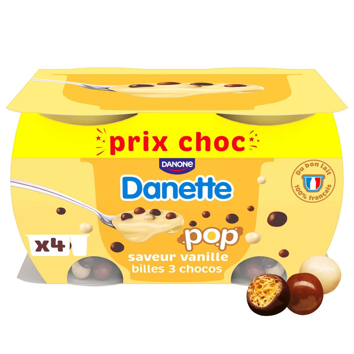 DANETTE POP Crème dessert vanille billes 3 chocolats 4x117g