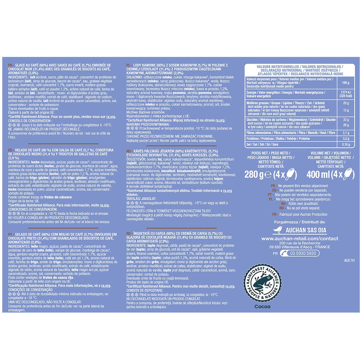 AUCHAN Grand gourmand café 4 pièces 280 g