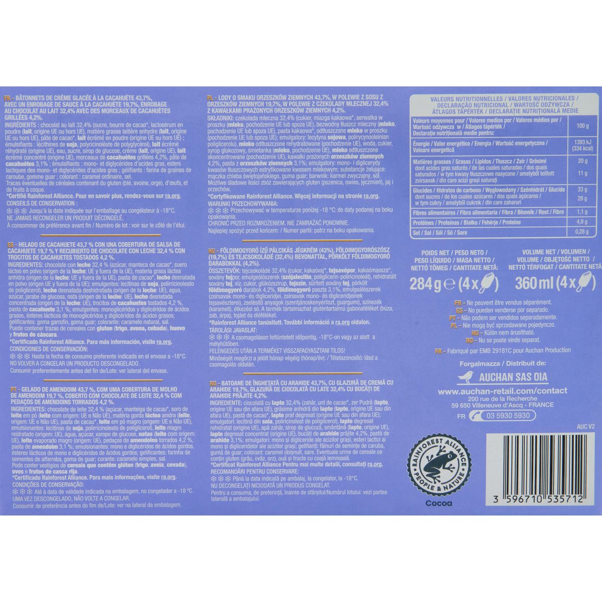 AUCHAN Bâtonnets glacés chocolat cacahuète 4 pièces 284g
