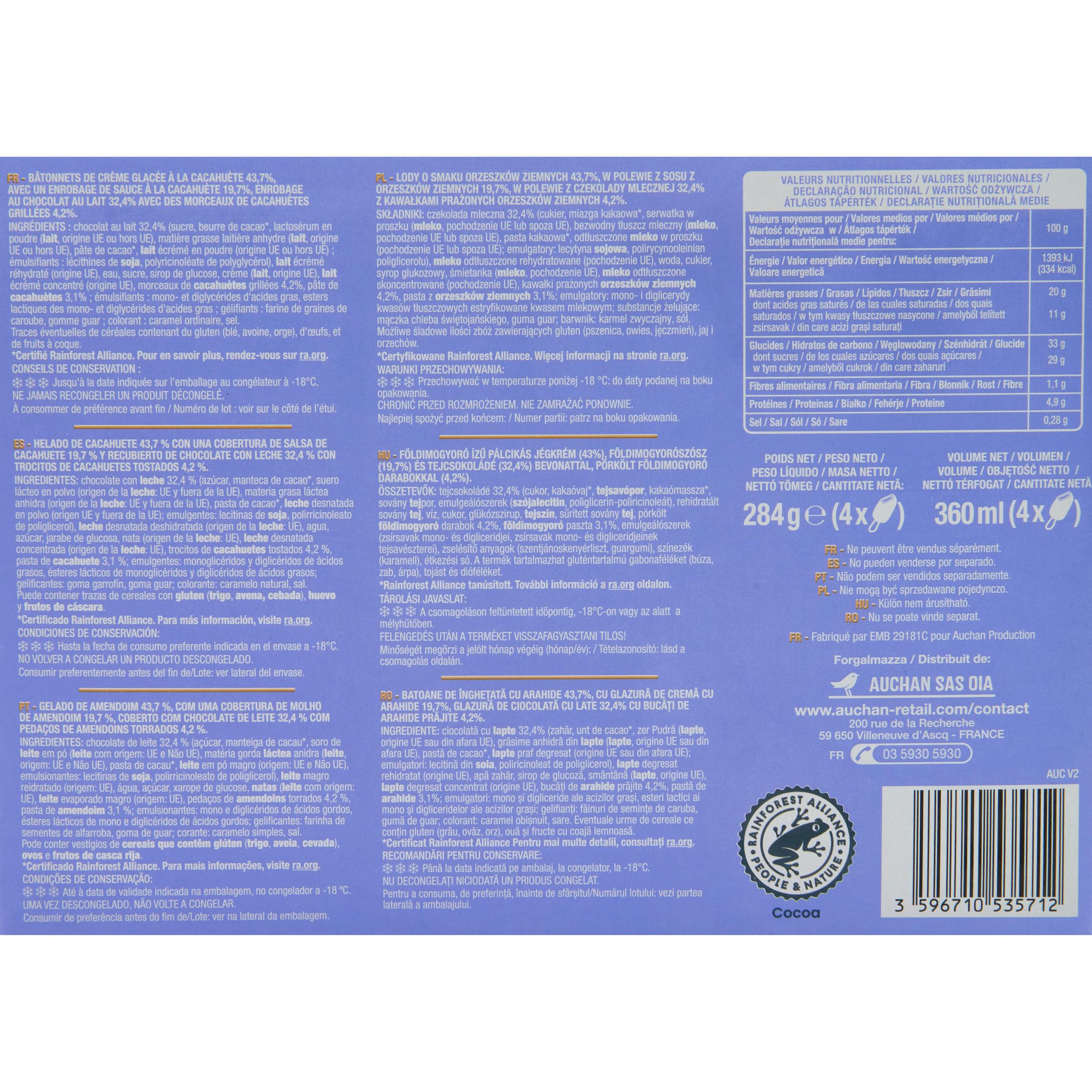 Voir la diapositive 3 : AUCHAN Bâtonnets glacés chocolat cacahuète 4 pièces 284g
