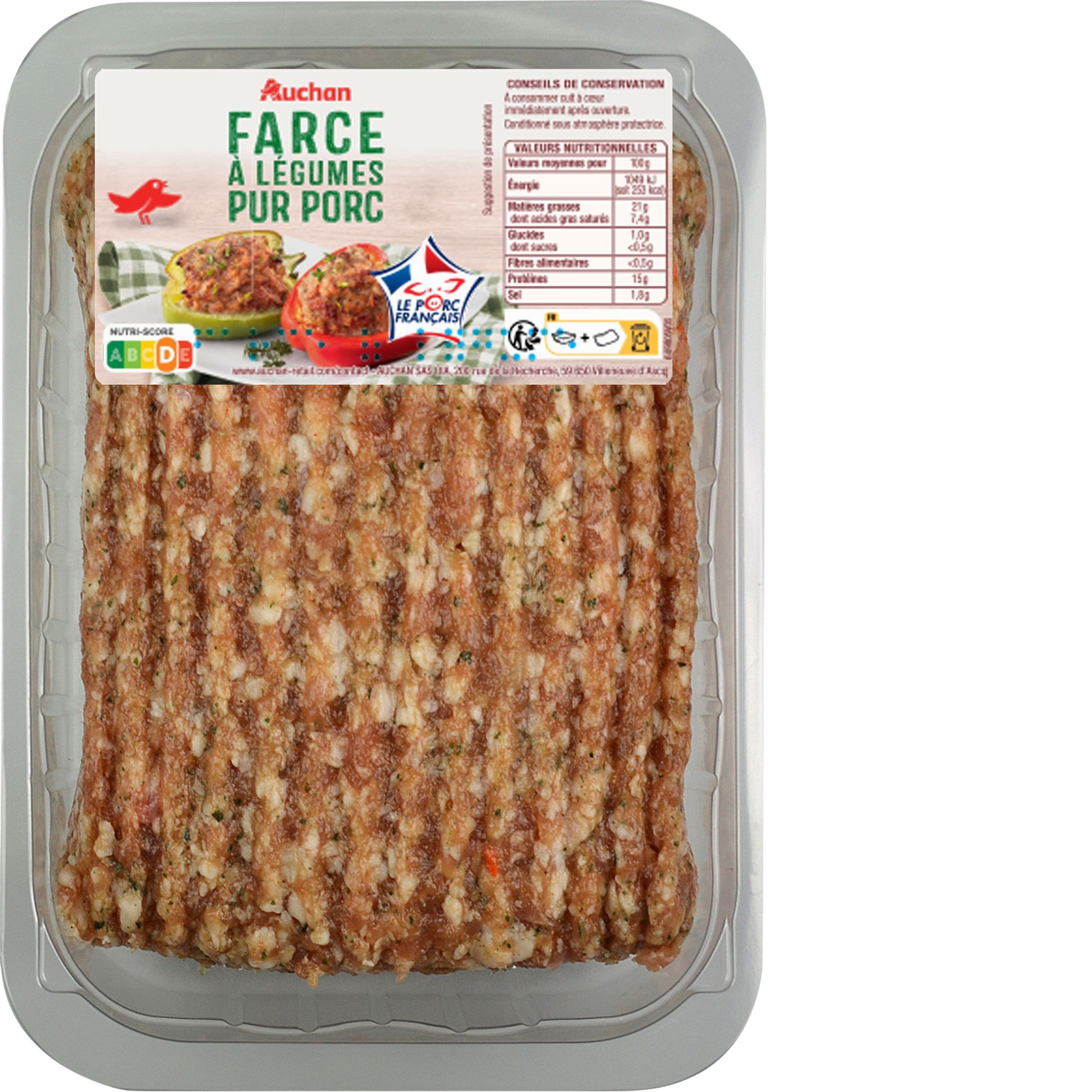 Voir la diapositive 2 : AUCHAN Farce à légumes pur porc 500g
