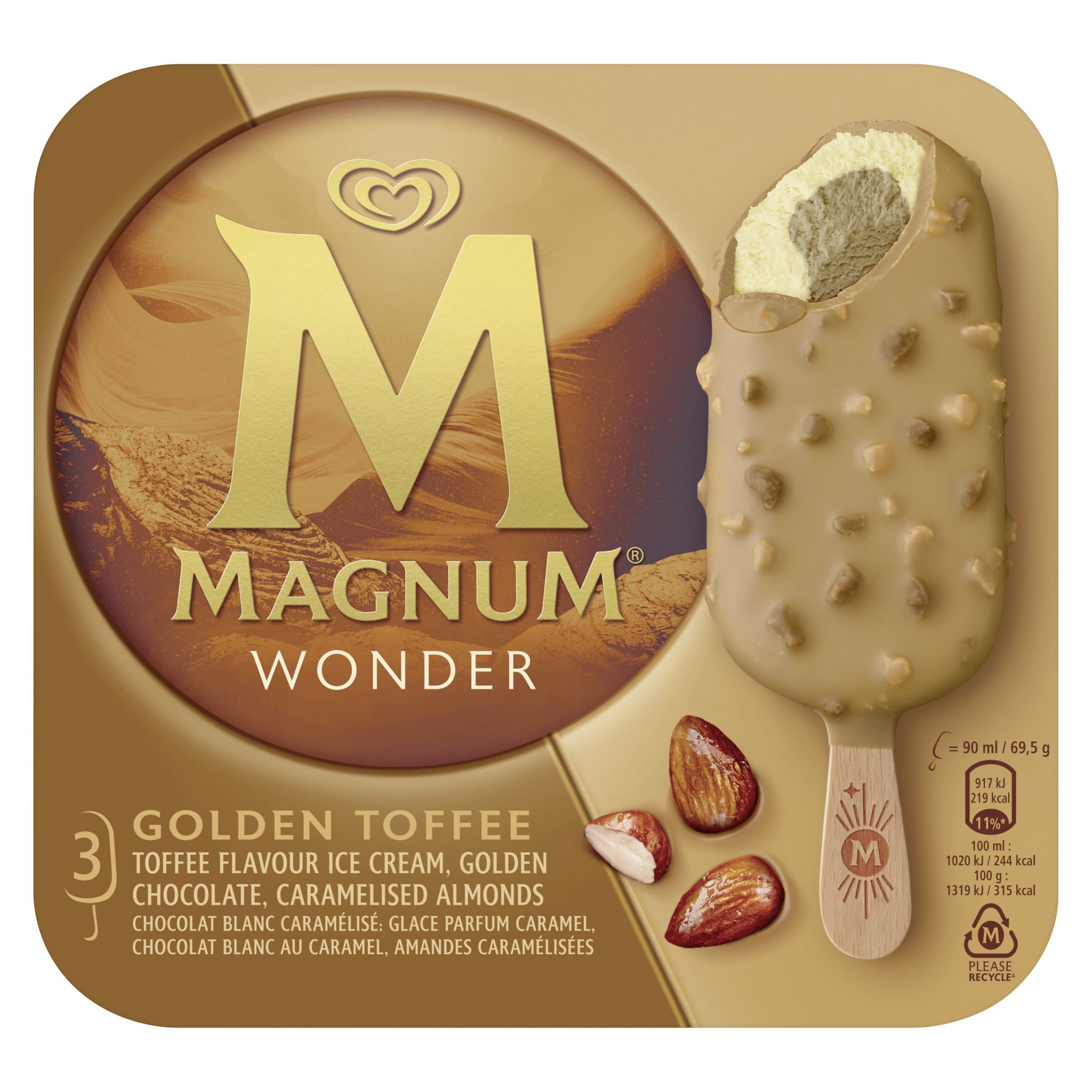 Voir la diapositive 2 : MAGNUM Bâtonnets glacés chocolat blanc caramélisé 3 pièces 208g