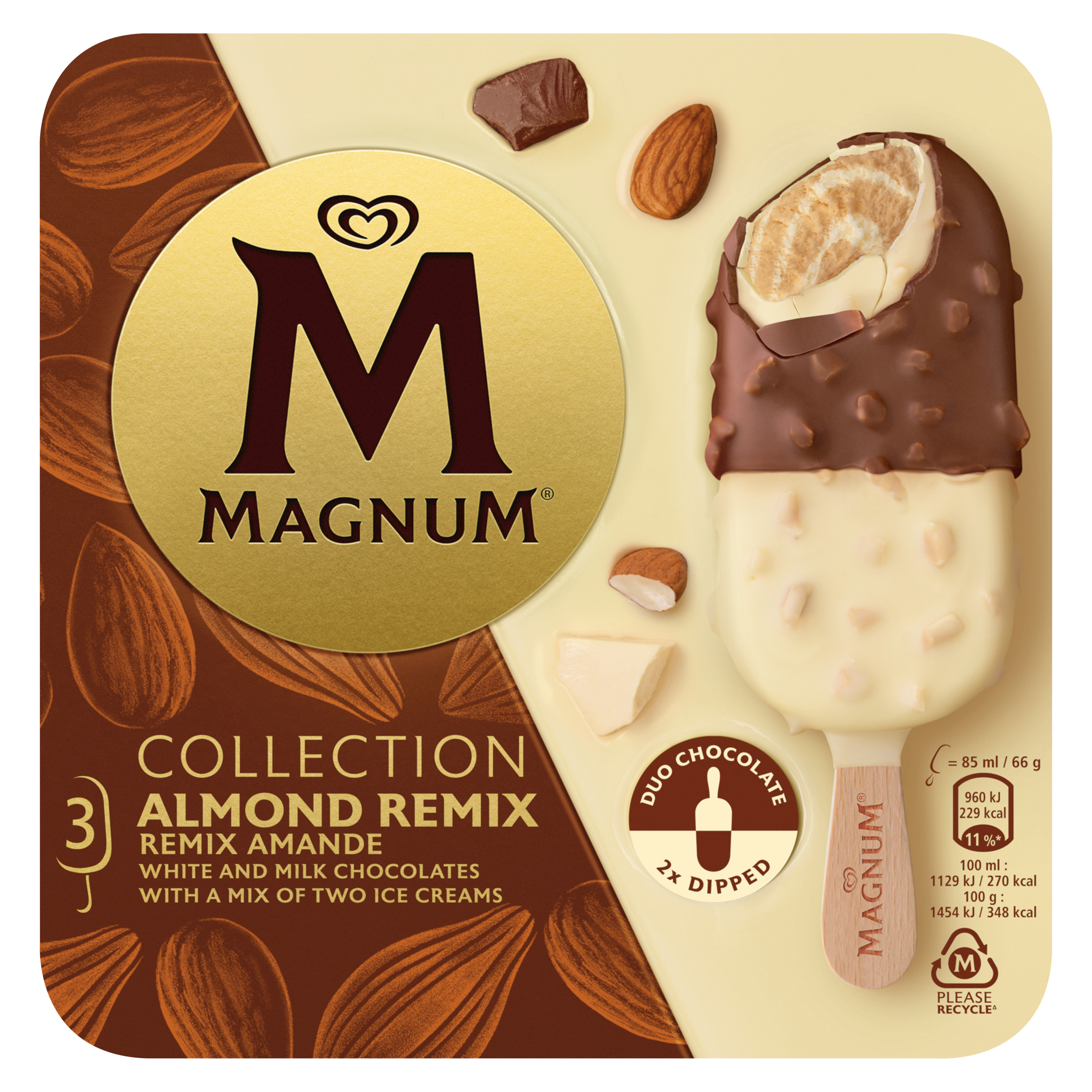 Voir la diapositive 2 : MAGNUM Bâtonnets glacés remix aux amandes chocolat et vanille 3 pièces 198g