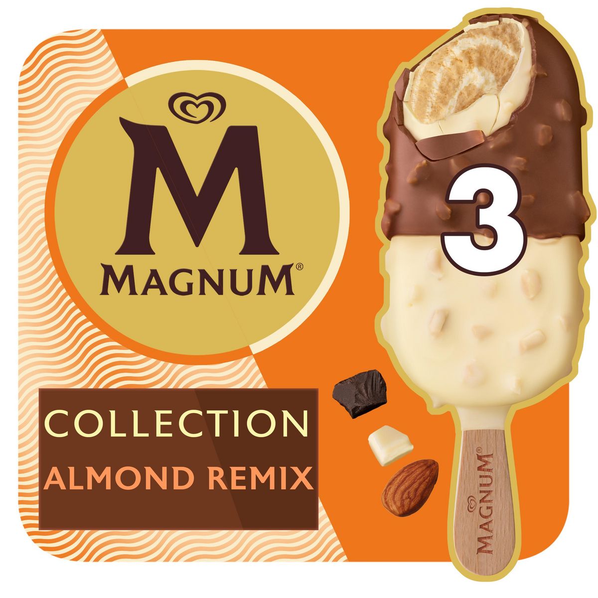 MAGNUM Bâtonnets glacés remix aux amandes chocolat et vanille 3 pièces 198g