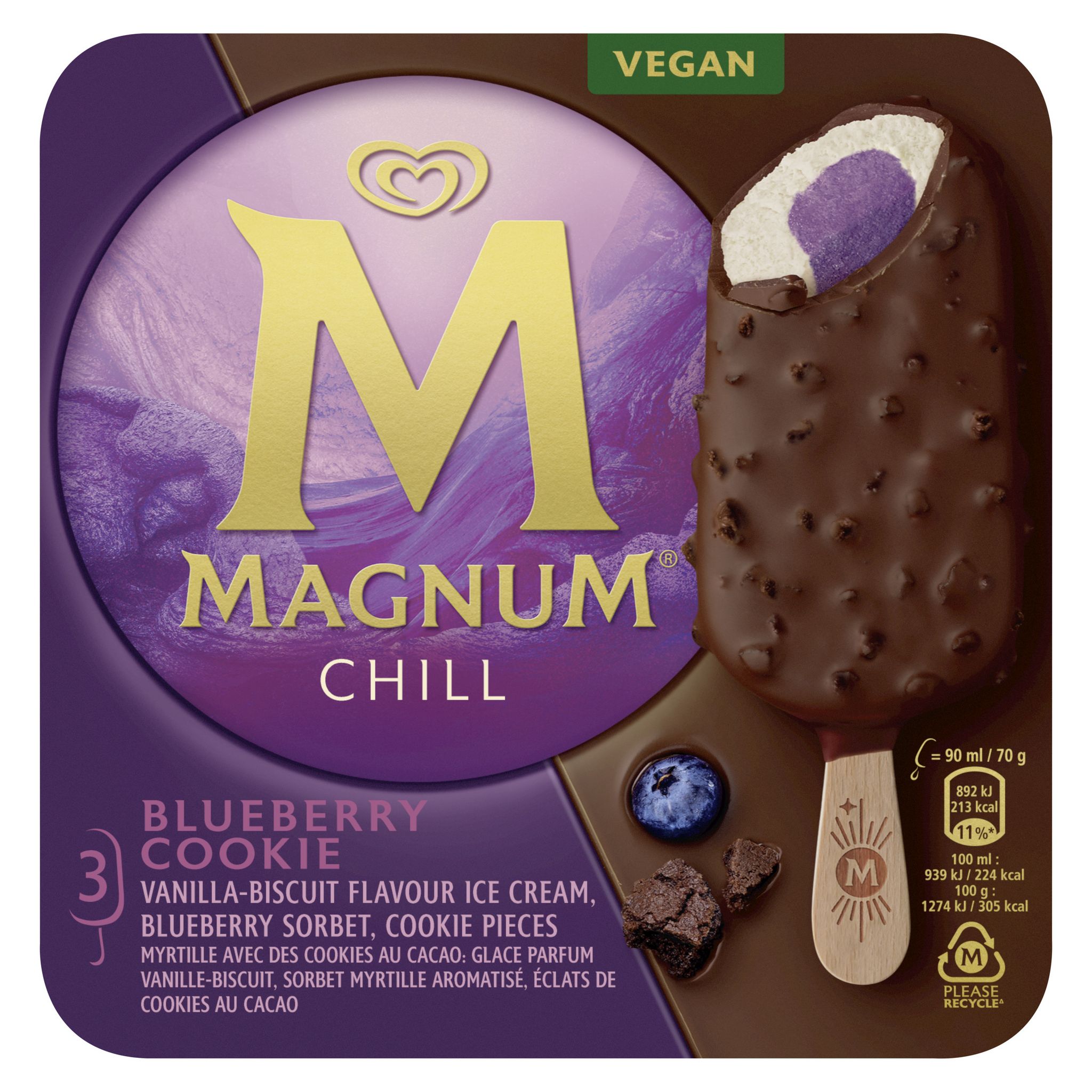Voir la diapositive 2 : MAGNUM Bâtonnets glacés myrtille biscuit vanille chocolat 3 pièces 210g