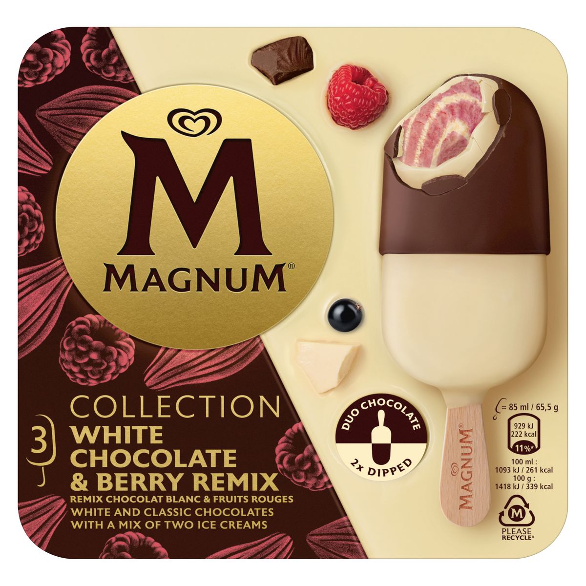 MAGNUM Bâtonnets glacés au chocolat blanc et aux fruits rouges 3 pièces 196g