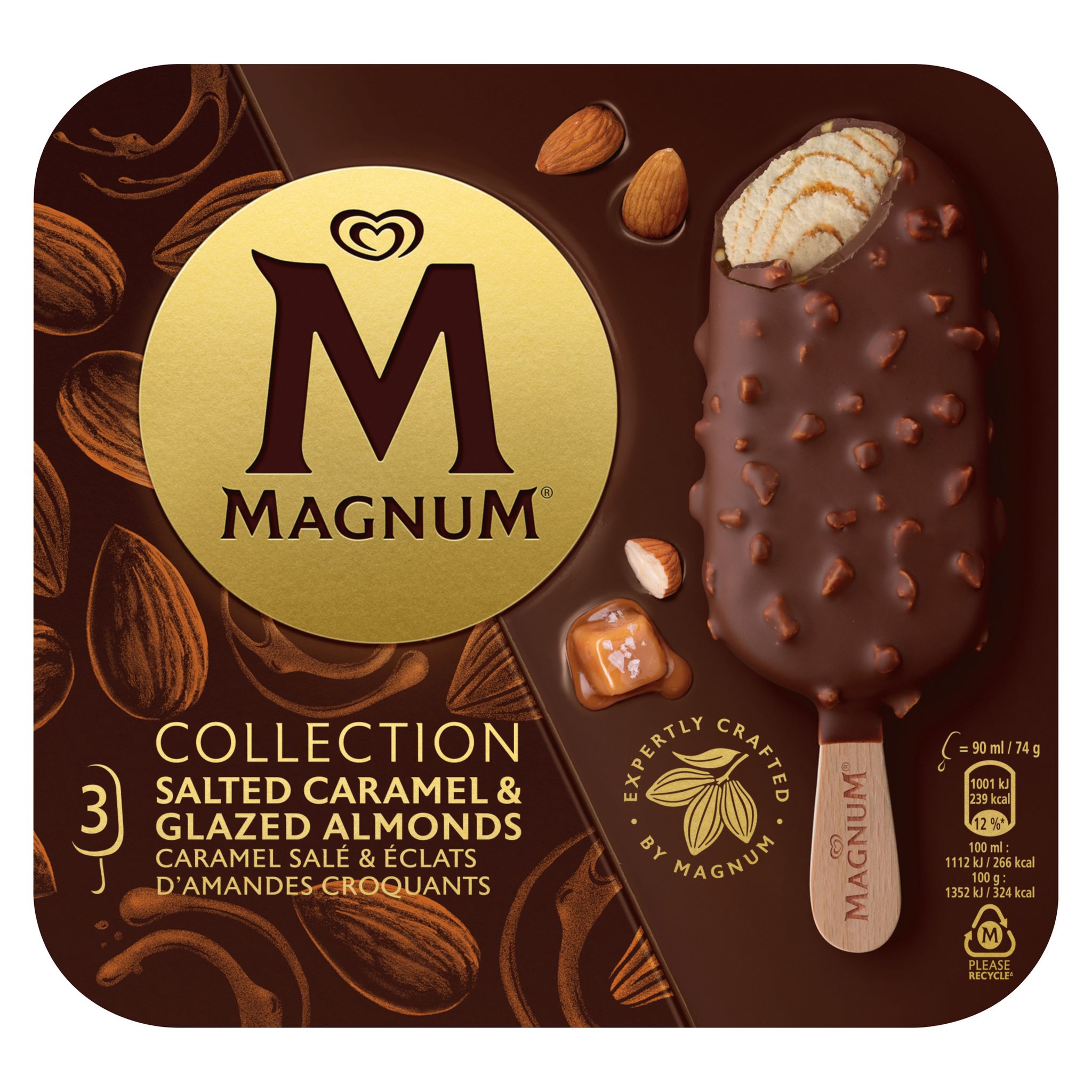 Voir la diapositive 2 : MAGNUM Bâtonnets glacés caramel salé éclats d'amandes croquants 3 pièces 222g