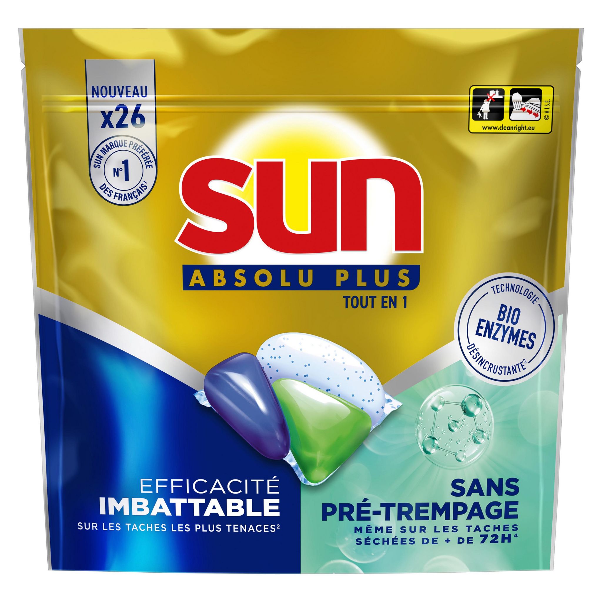 Voir la diapositive 2 : SUN Absolu plus Capsules lave-vaisselle tout en 1 bio enzymes 26 capsules
