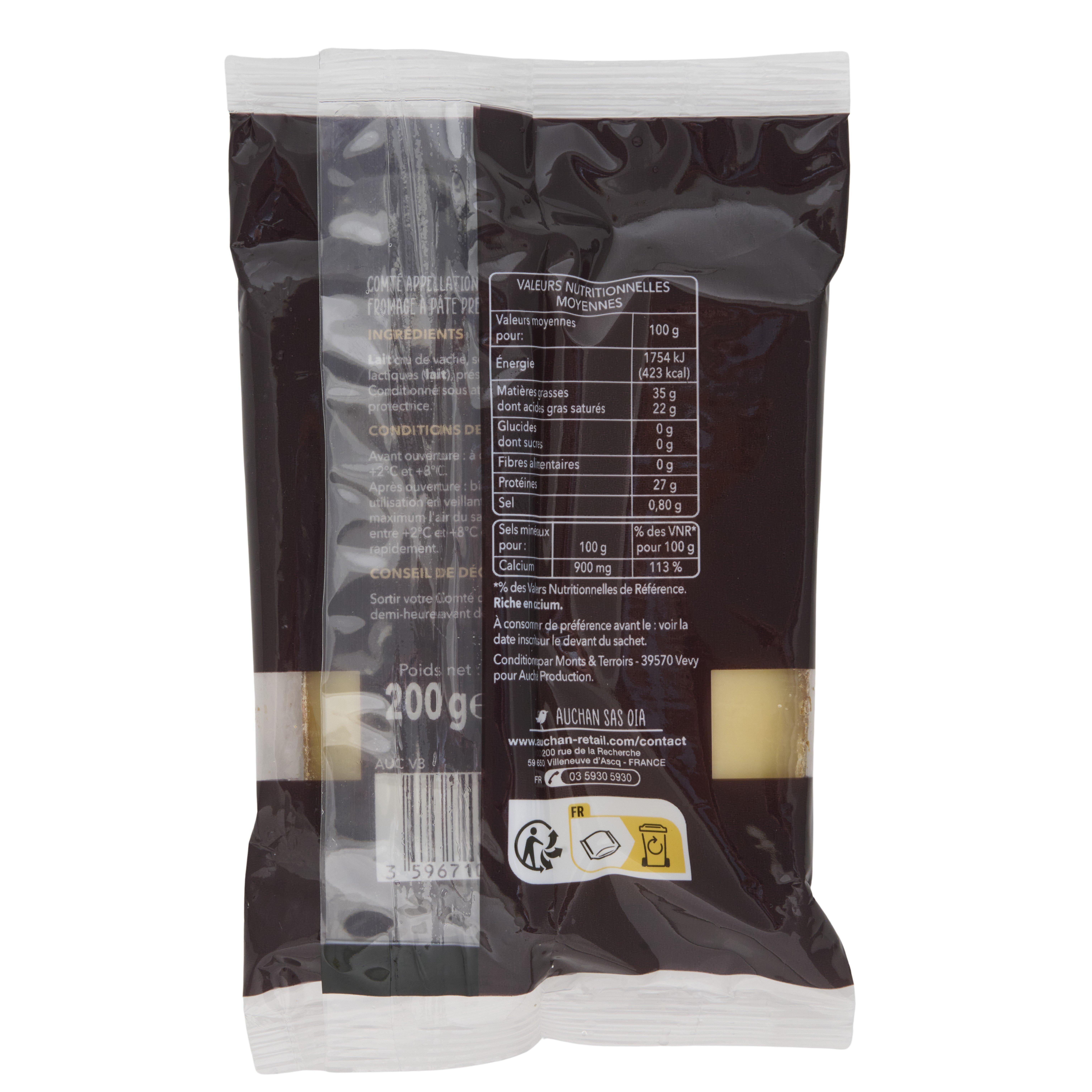 Voir la diapositive 2 : AUCHAN TERROIR Comté AOP au lait cru affinage 18 mois 200g
