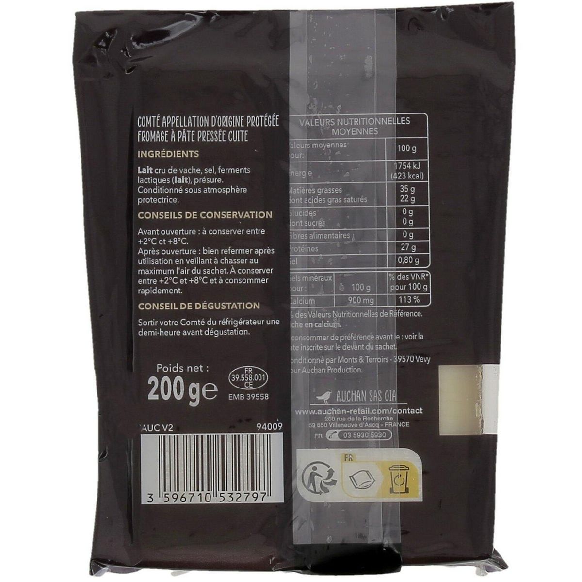 AUCHAN TERROIR Comté AOP au lait cru affinage 18 mois 200g