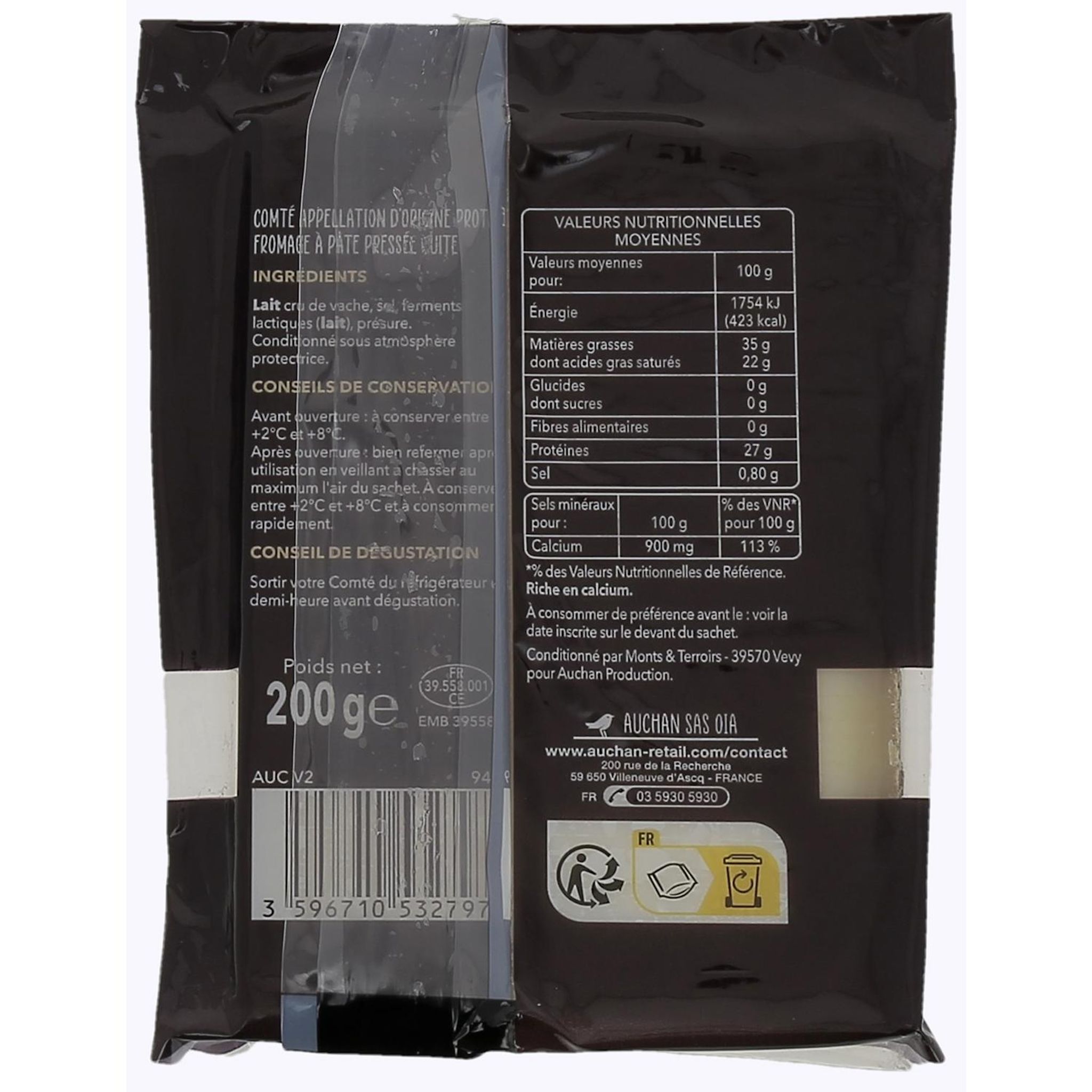 Voir la diapositive 4 : AUCHAN TERROIR Comté AOP au lait cru affinage 18 mois 200g