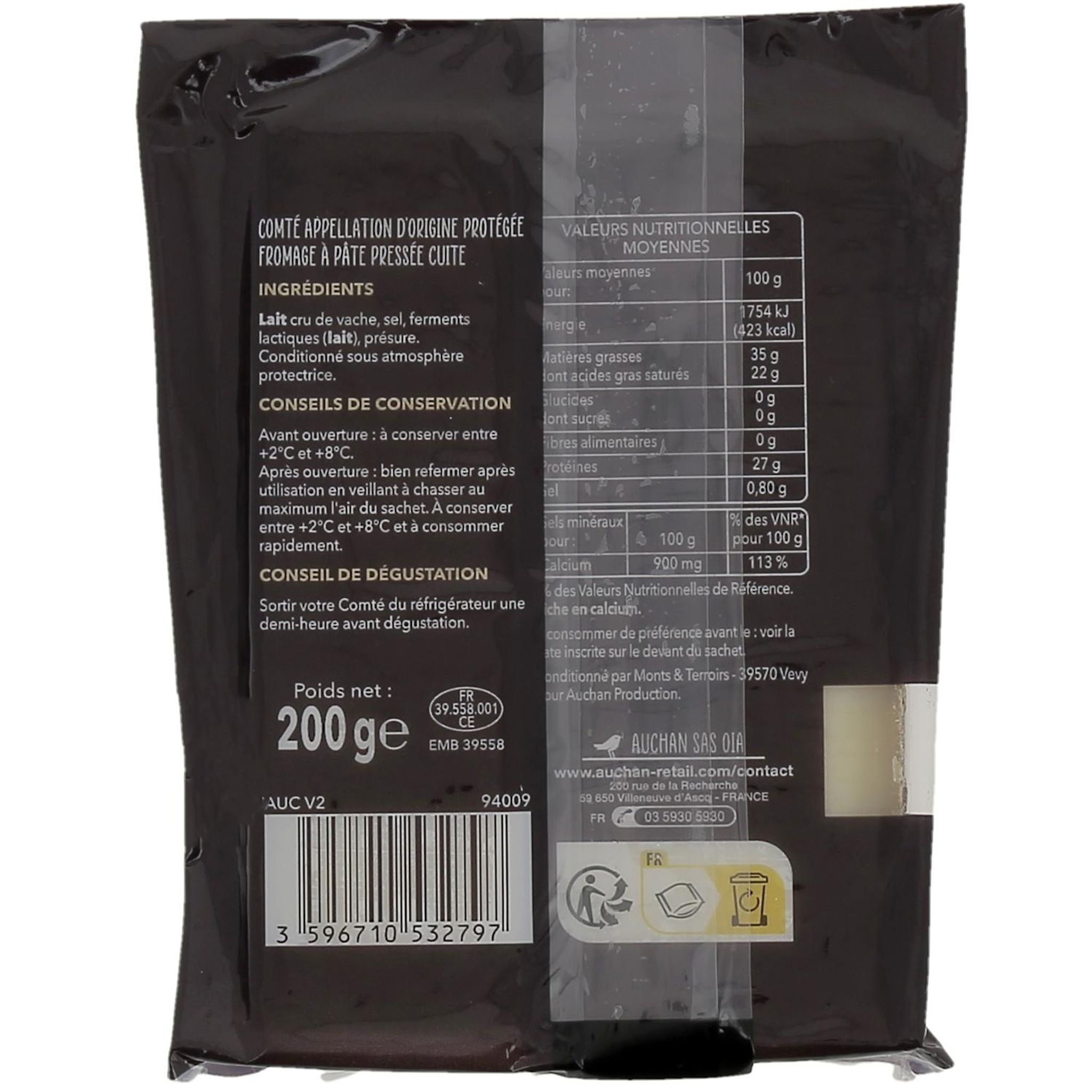 Voir la diapositive 5 : AUCHAN TERROIR Comté AOP au lait cru affinage 18 mois 200g
