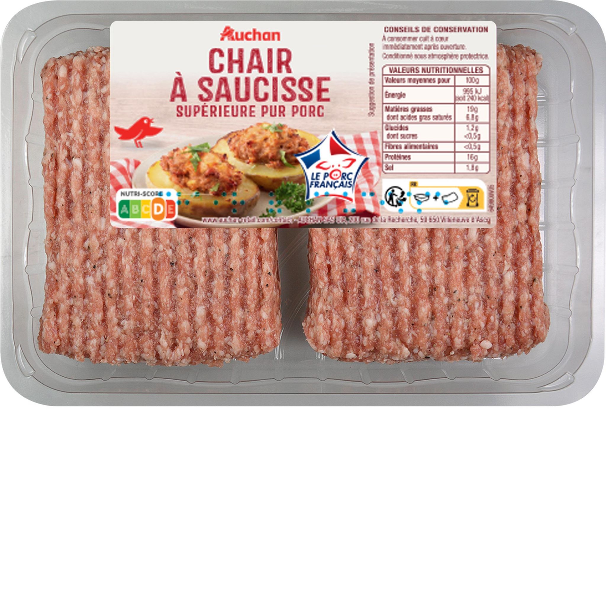 AUCHAN Chair à saucisse supérieur pur porc 1kg