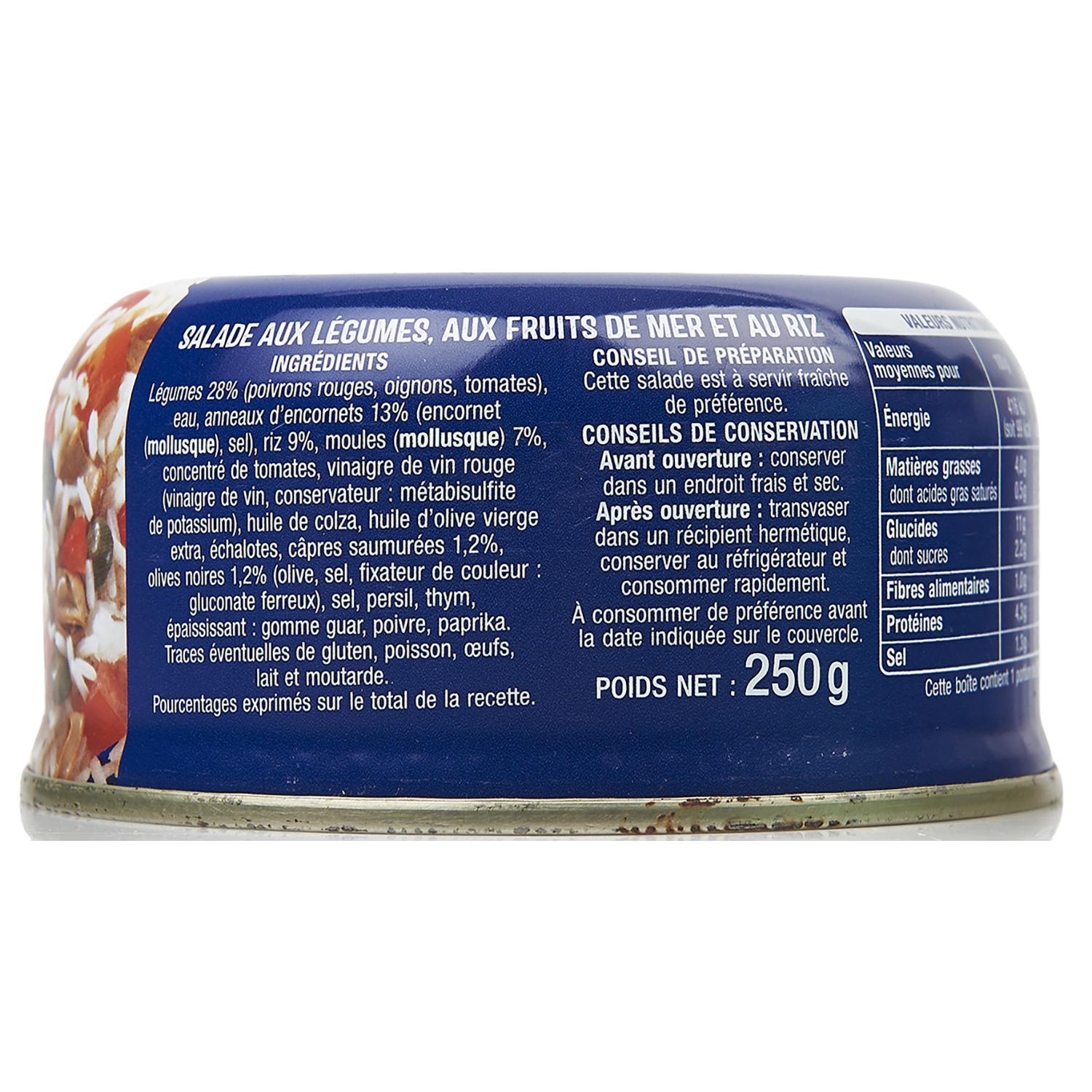 Voir la diapositive 2 : AUCHAN Salade de riz et de fruits de mer grecque 250g