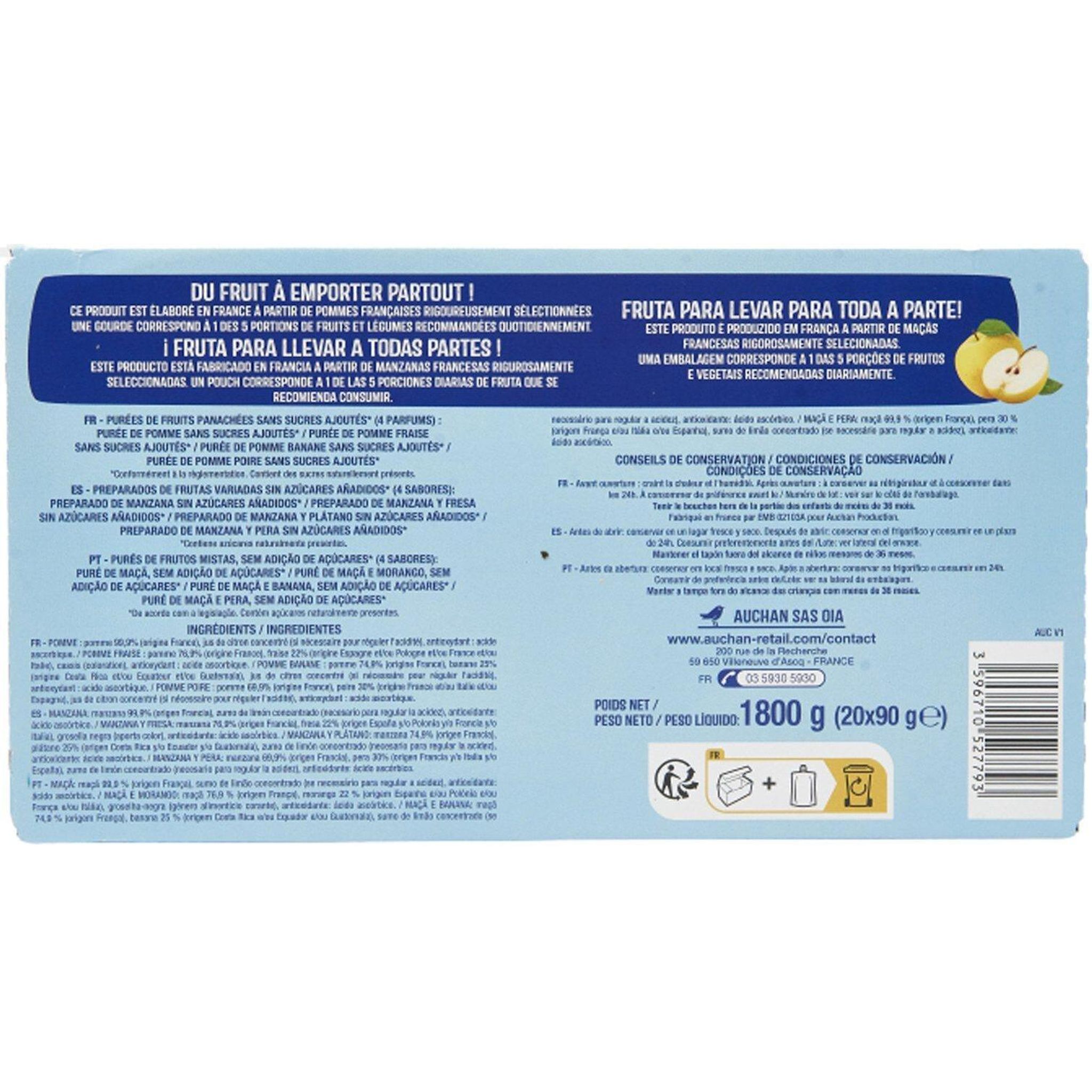 Voir la diapositive 2 : AUCHAN Gourdes purées de fruits multi-variétés pomme fraise banane et poire 20 gourdes 20x90g