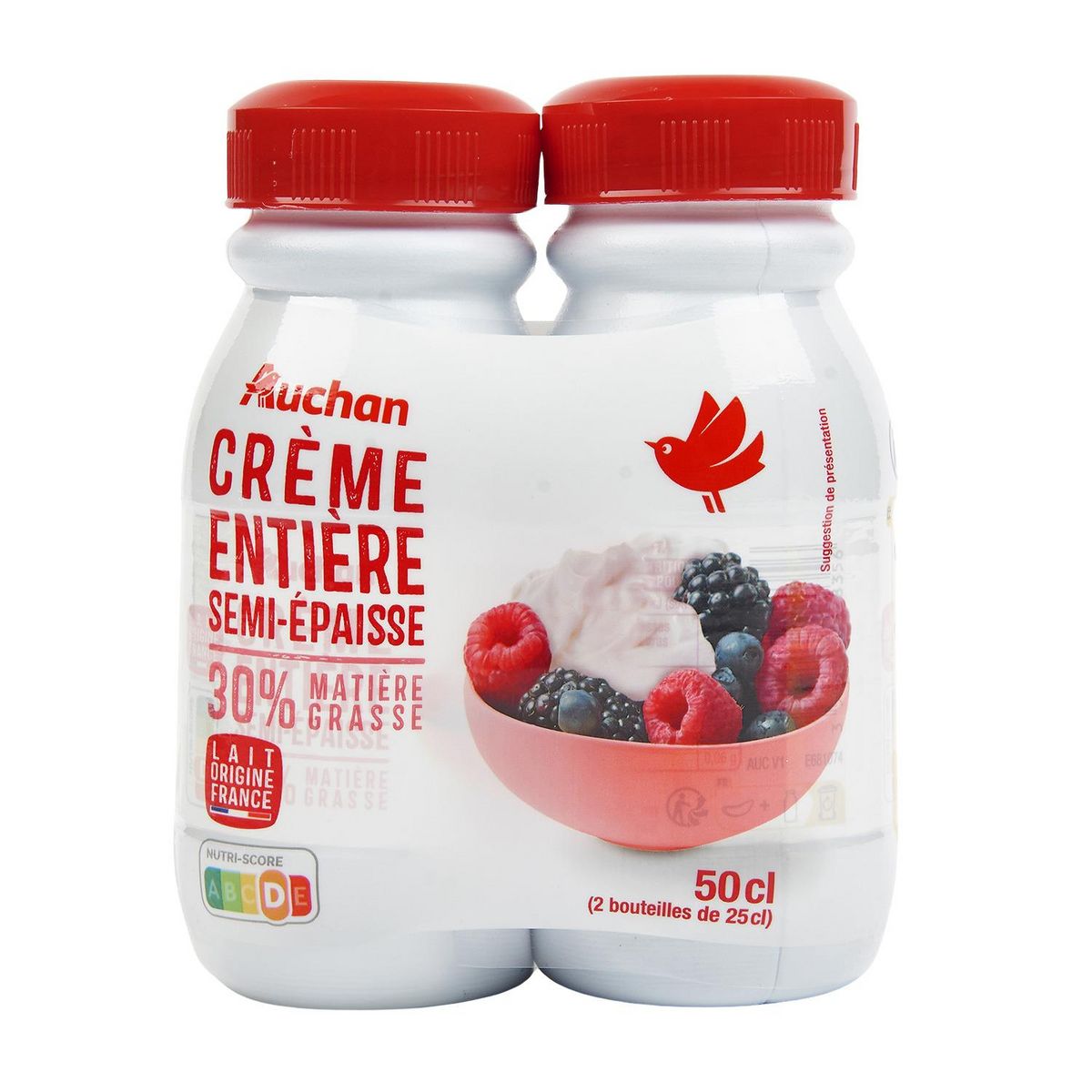 AUCHAN Crème semi-épaisse entière 30% MG UHT 2x25cl