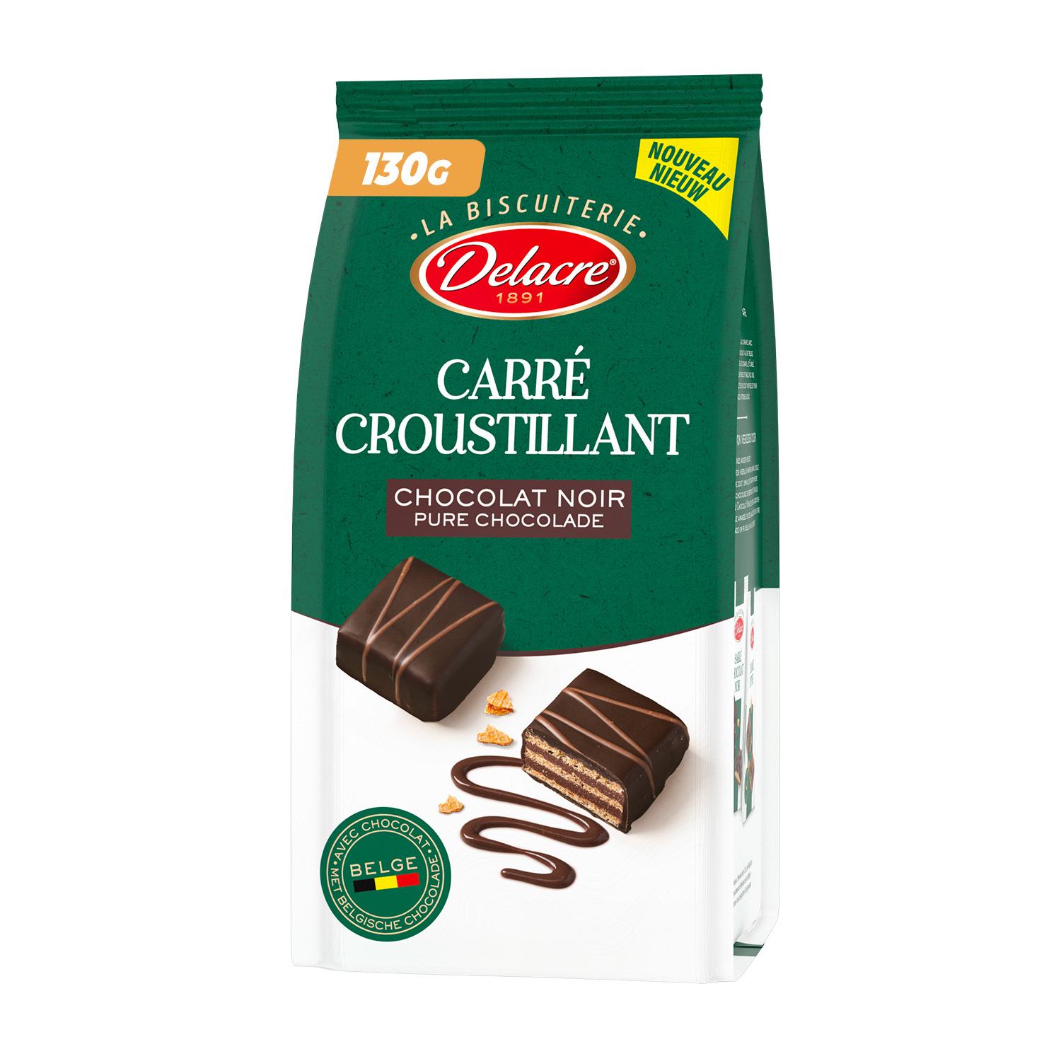 Voir la diapositive 2 : DELACRE Biscuits carrés croustillants au chocolat noir belge 130g