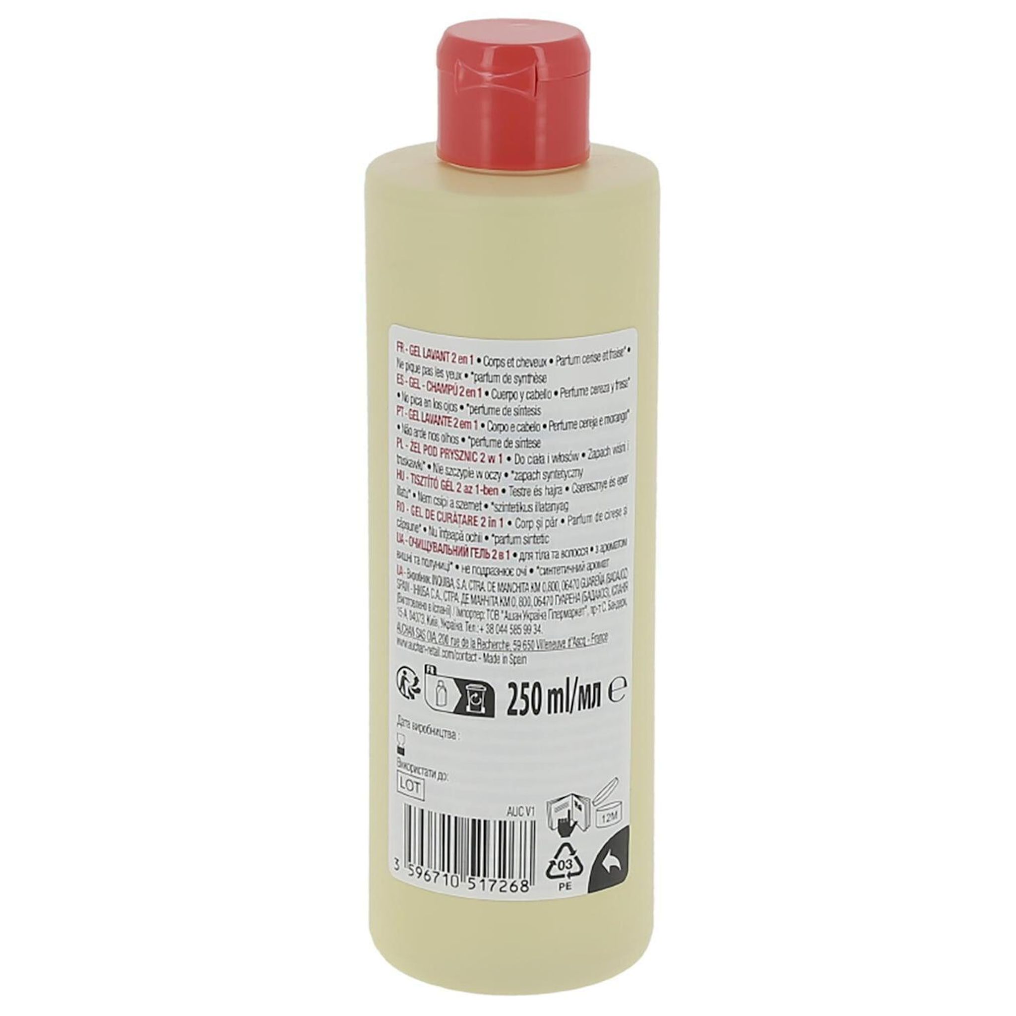 Voir la diapositive 2 : AUCHAN Gel lavant 2 en 1 corps et cheveux parfum cerise fraise 250ml