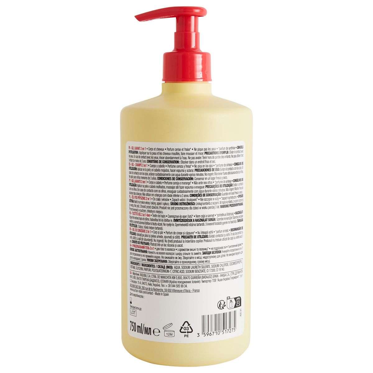 AUCHAN Gel lavant kids 2en1 corps et cheveux parfum cerise-fraise 750ml