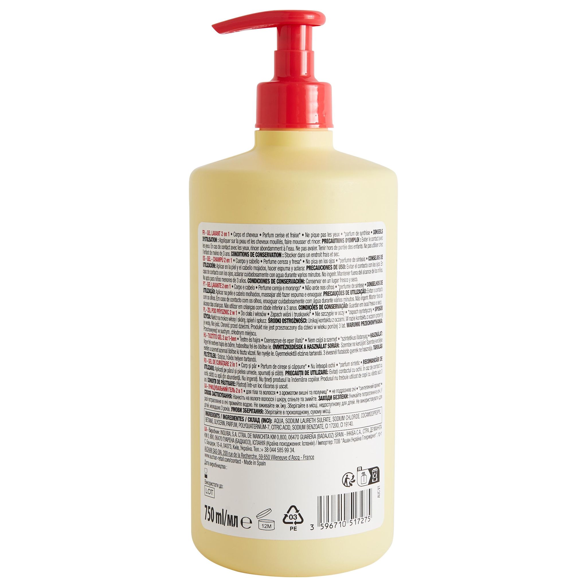 Voir la diapositive 3 : AUCHAN Gel lavant kids 2en1 corps et cheveux parfum cerise-fraise 750ml