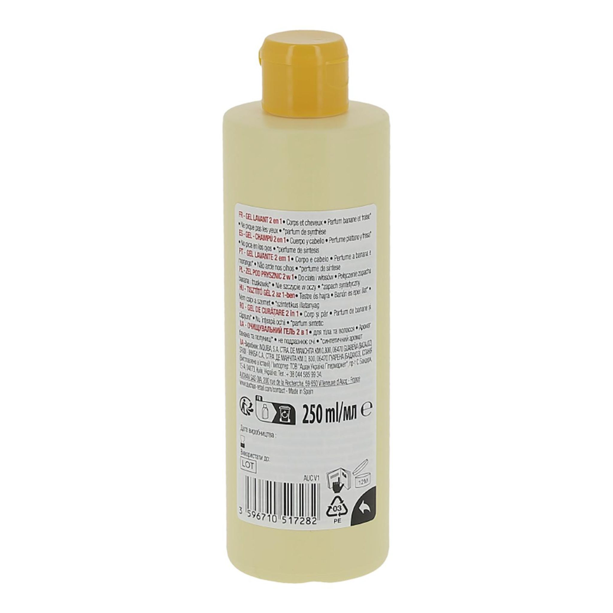 Voir la diapositive 2 : AUCHAN Gel lavant 2en1 corps & cheveux parfum banane fraise 250ml