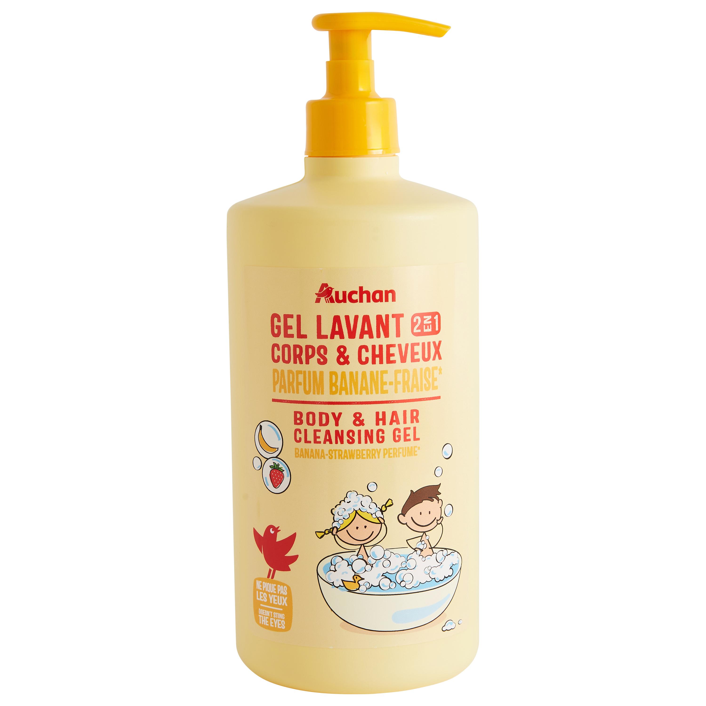 Voir la diapositive 2 : AUCHAN Gel lavant corps et cheveux 2en1 banane fraise 750ml