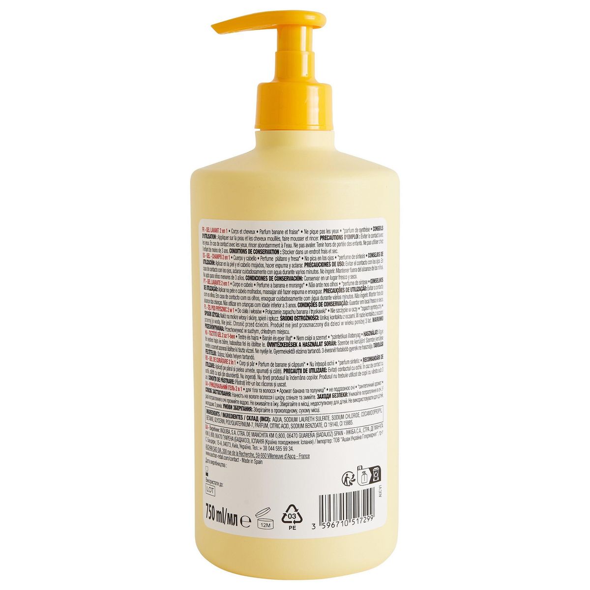 AUCHAN Gel lavant corps et cheveux 2en1 banane fraise 750ml