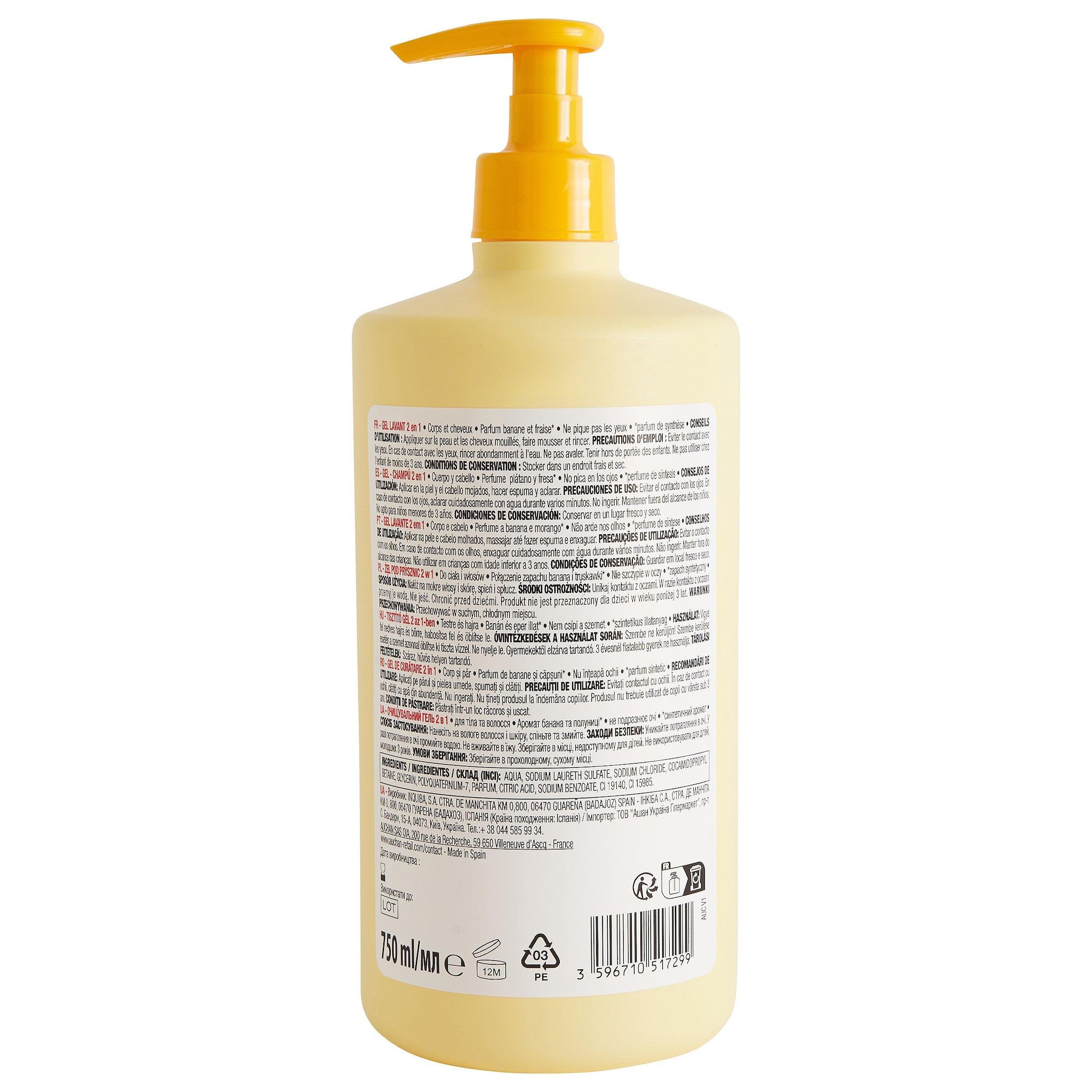 Voir la diapositive 3 : AUCHAN Gel lavant corps et cheveux 2en1 banane fraise 750ml