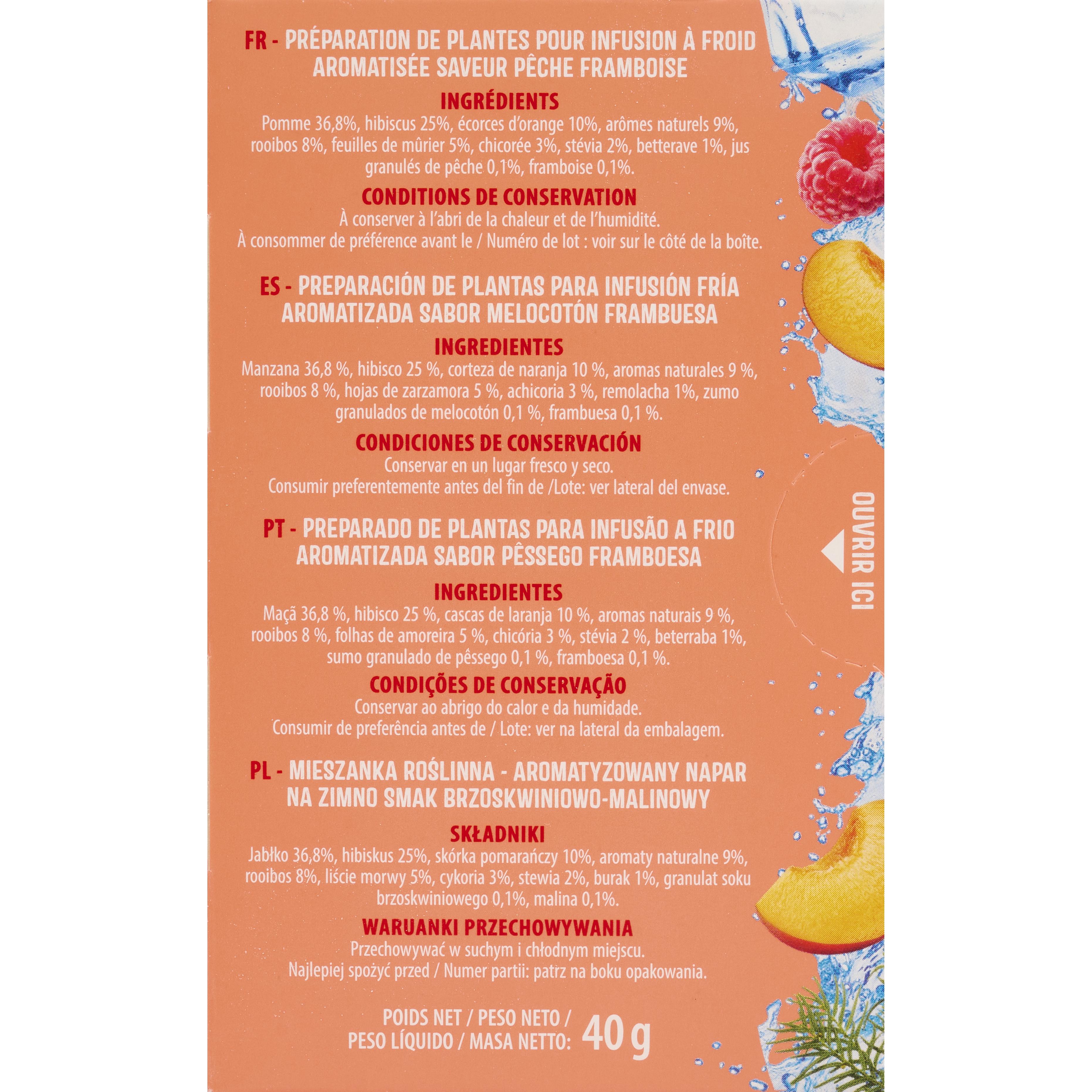 Voir la diapositive 3 : AUCHAN Infusion à froid saveur pêche framboise 20 sachets 40g